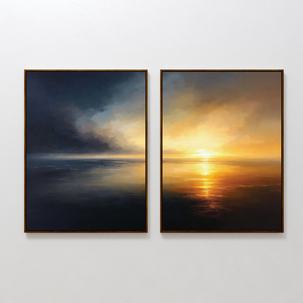 Storm's Edge - Set of 2: Two framed canvas prints hang side by side on a white wall, showcasing dramatic seascapes—one with storm clouds and the other with a golden sunset reflected on tranquil water.