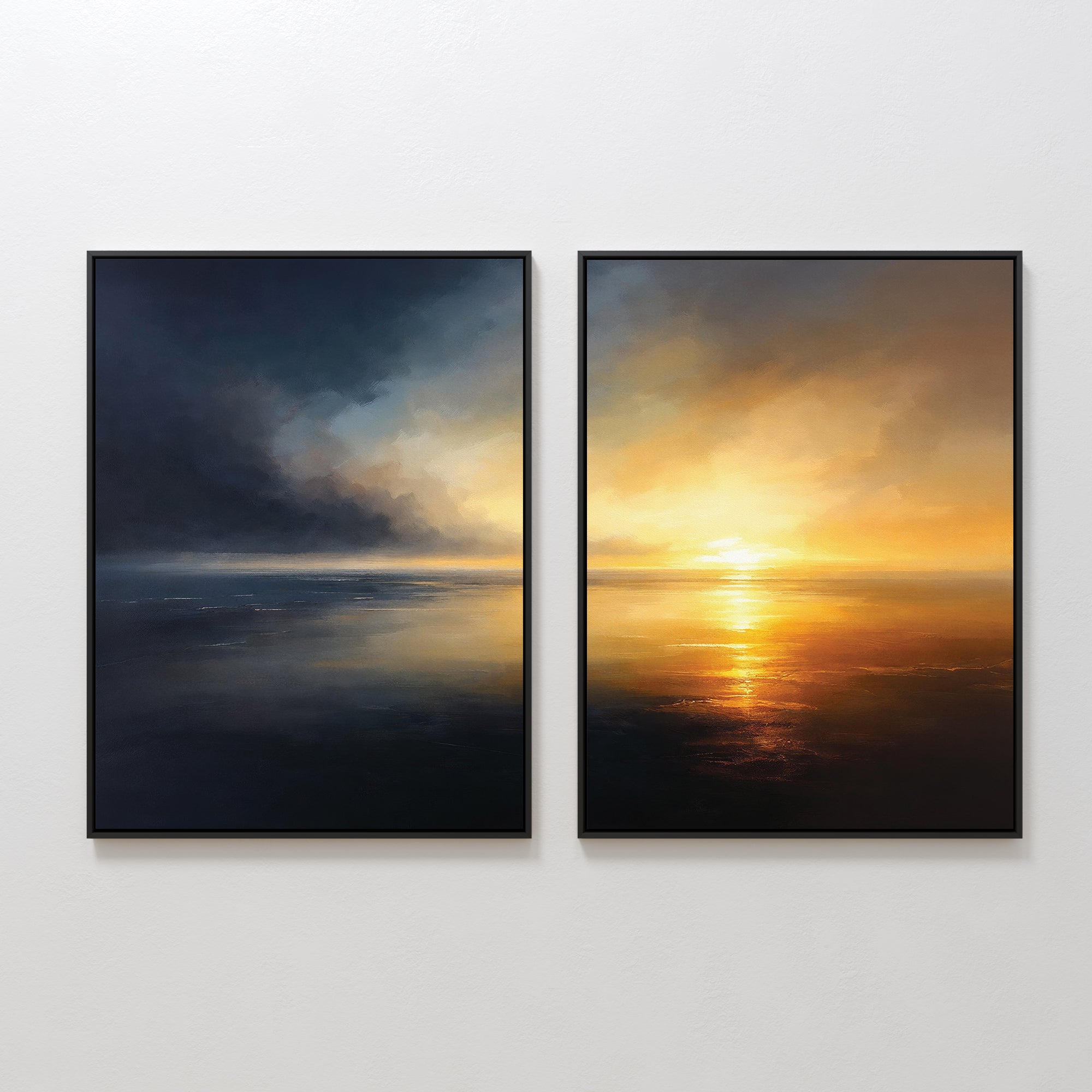 The "Storm's Edge - Set of 2" features framed canvas prints: one with dramatic storm clouds over the sea, the other with a bright golden sunset reflecting on calm water, displayed side by side on a white wall.