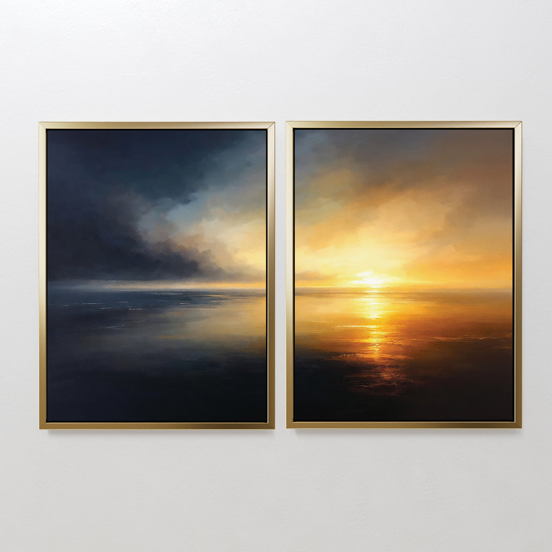 The "Storm's Edge - Set of 2" features two gold-framed Nordic Park style paintings: one with storm clouds over water, the other with a golden sunset, displayed side by side for a serene seascape atmosphere.