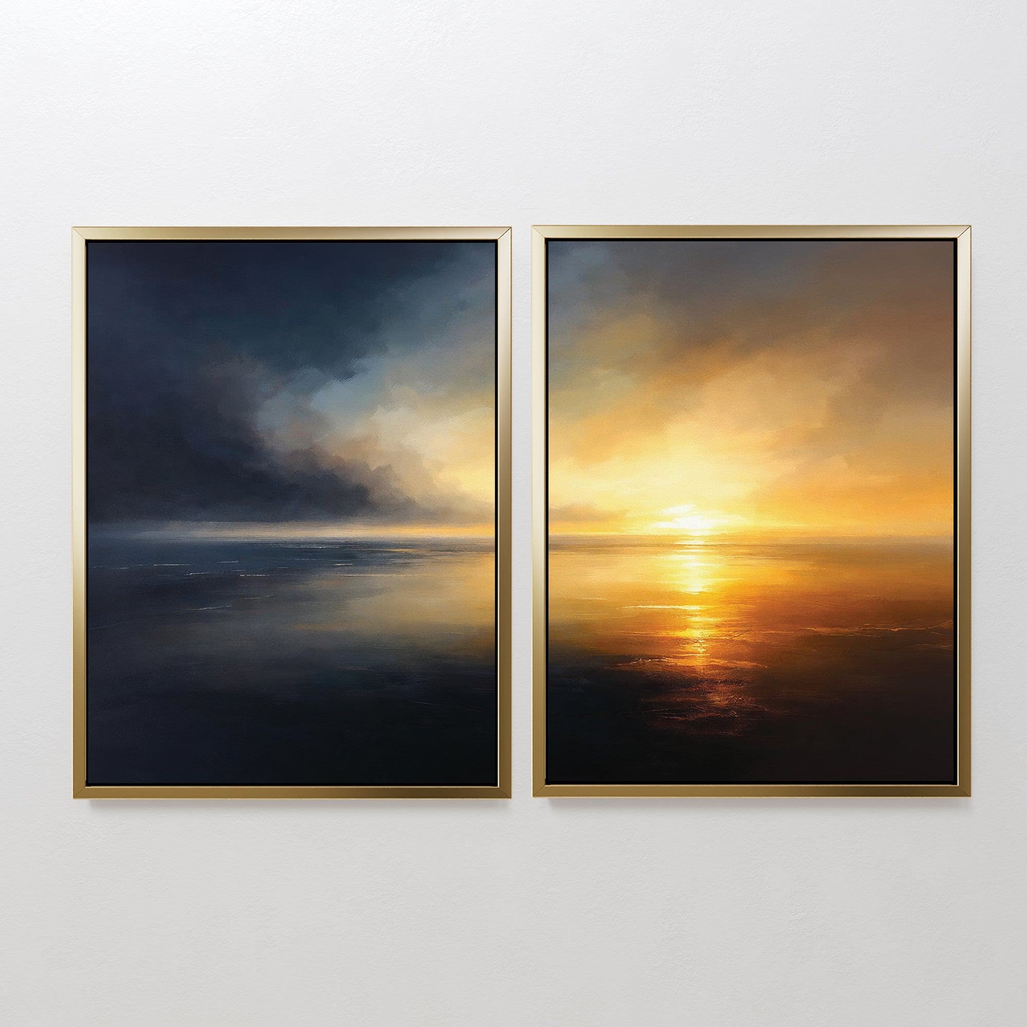 The "Storm's Edge - Set of 2" features two gold-framed Nordic Park style paintings: one with storm clouds over water, the other with a golden sunset, displayed side by side for a serene seascape atmosphere.
