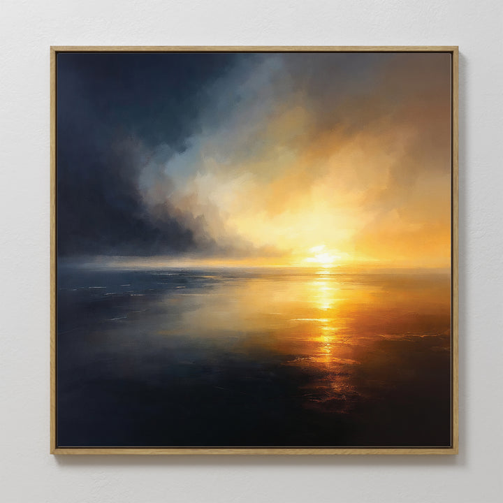 Storm's Edge Canvas Art - Square features a dramatic sunset over calm water with golden and orange reflections, creating atmospheric wall art that elevates any space.