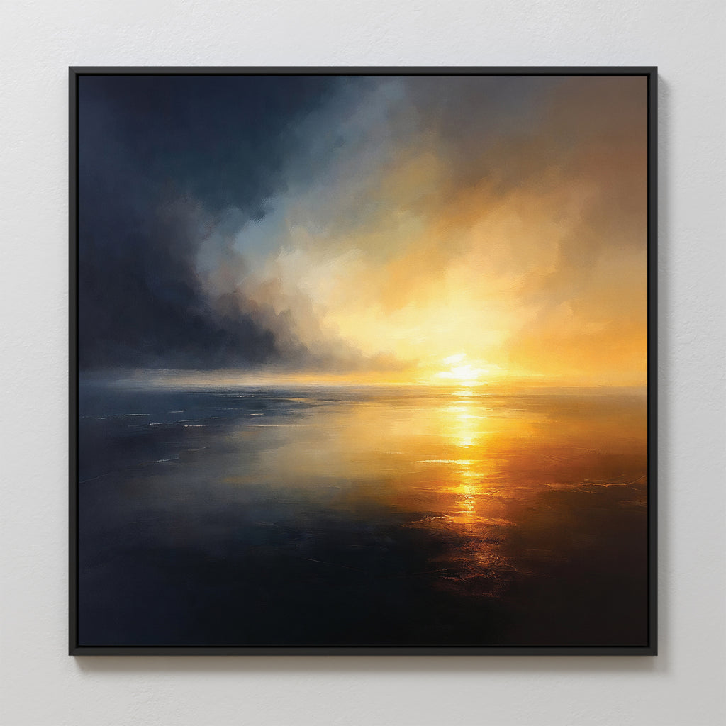 Storm's Edge Canvas Art - Square features a serene sunset seascape with golden reflections and dramatic blue-orange clouds, elegantly framed and displayed on a plain white wall for atmospheric decor.