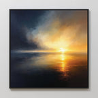 Storm's Edge Canvas Art - Square features a serene sunset seascape with golden reflections and dramatic blue-orange clouds, elegantly framed and displayed on a plain white wall for atmospheric decor.