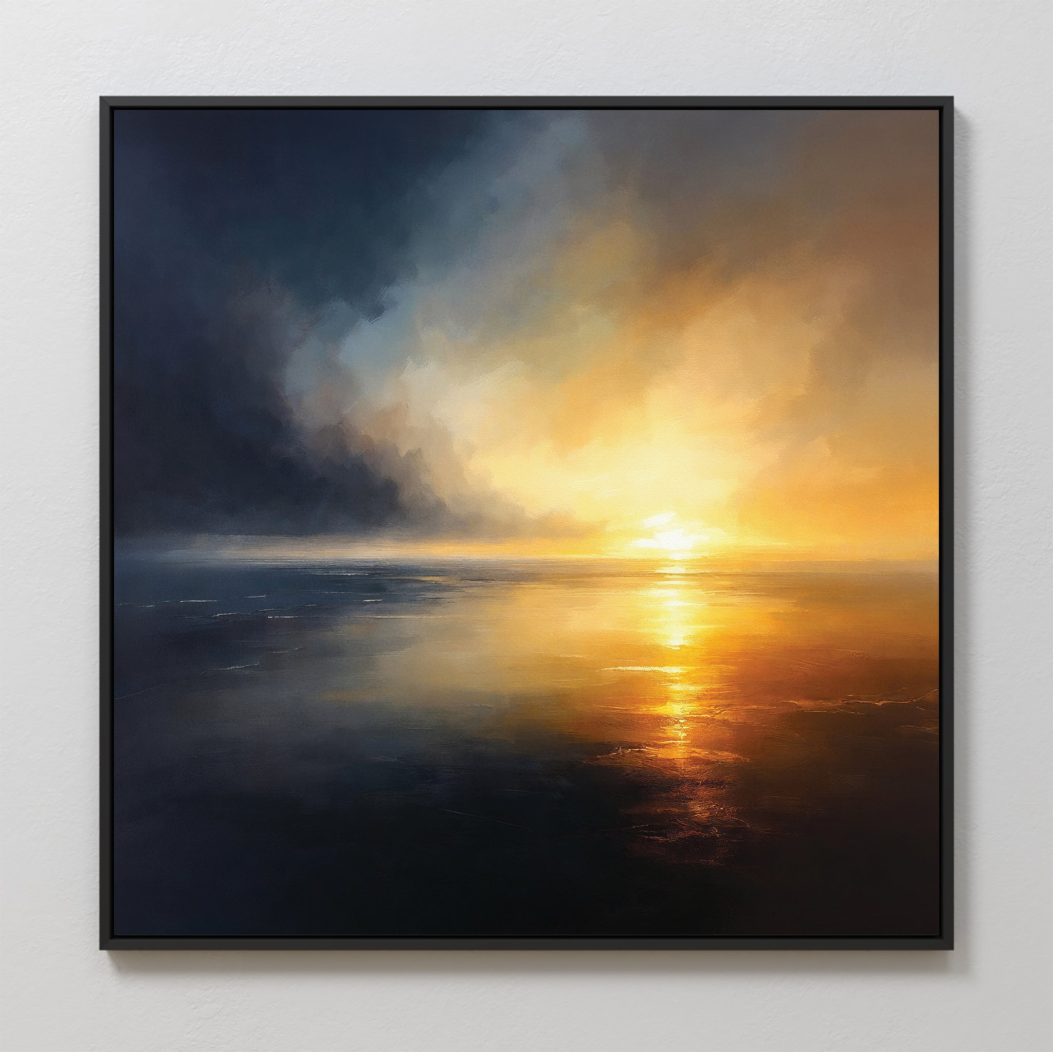 Storm's Edge Canvas Art - Square features a serene sunset seascape with golden reflections and dramatic blue-orange clouds, elegantly framed and displayed on a plain white wall for atmospheric decor.