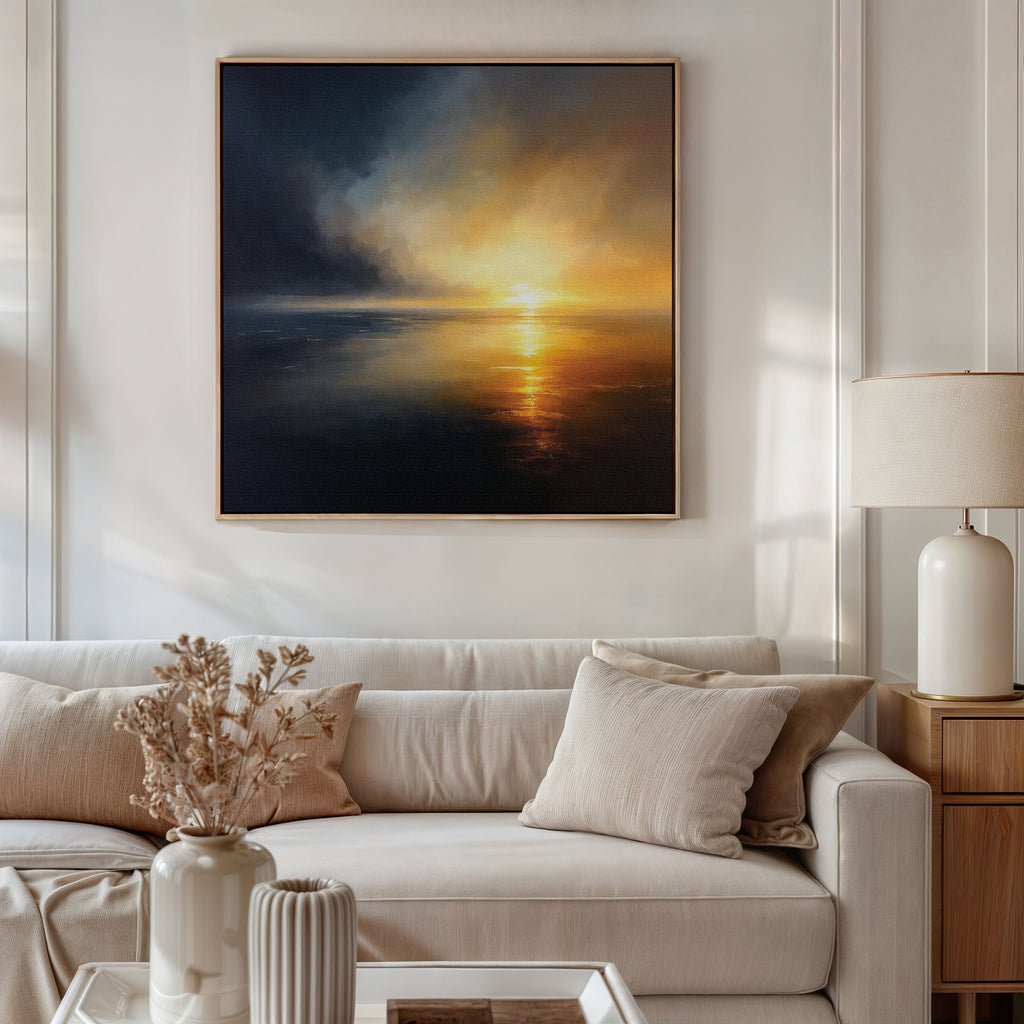 A modern living room with a beige sofa, light pillows, a white lamp on a wooden side table, a vase of dried flowers, and atmospheric wall art—Storm's Edge Canvas Art - Square—displayed above the sofa.