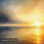The "Storm's Edge Canvas Art - Square" features a digital sunrise over calm water with soft clouds. A glowing path reflects on the water, creating atmospheric wall art. “Zoomed In Detail” text appears in the corner.