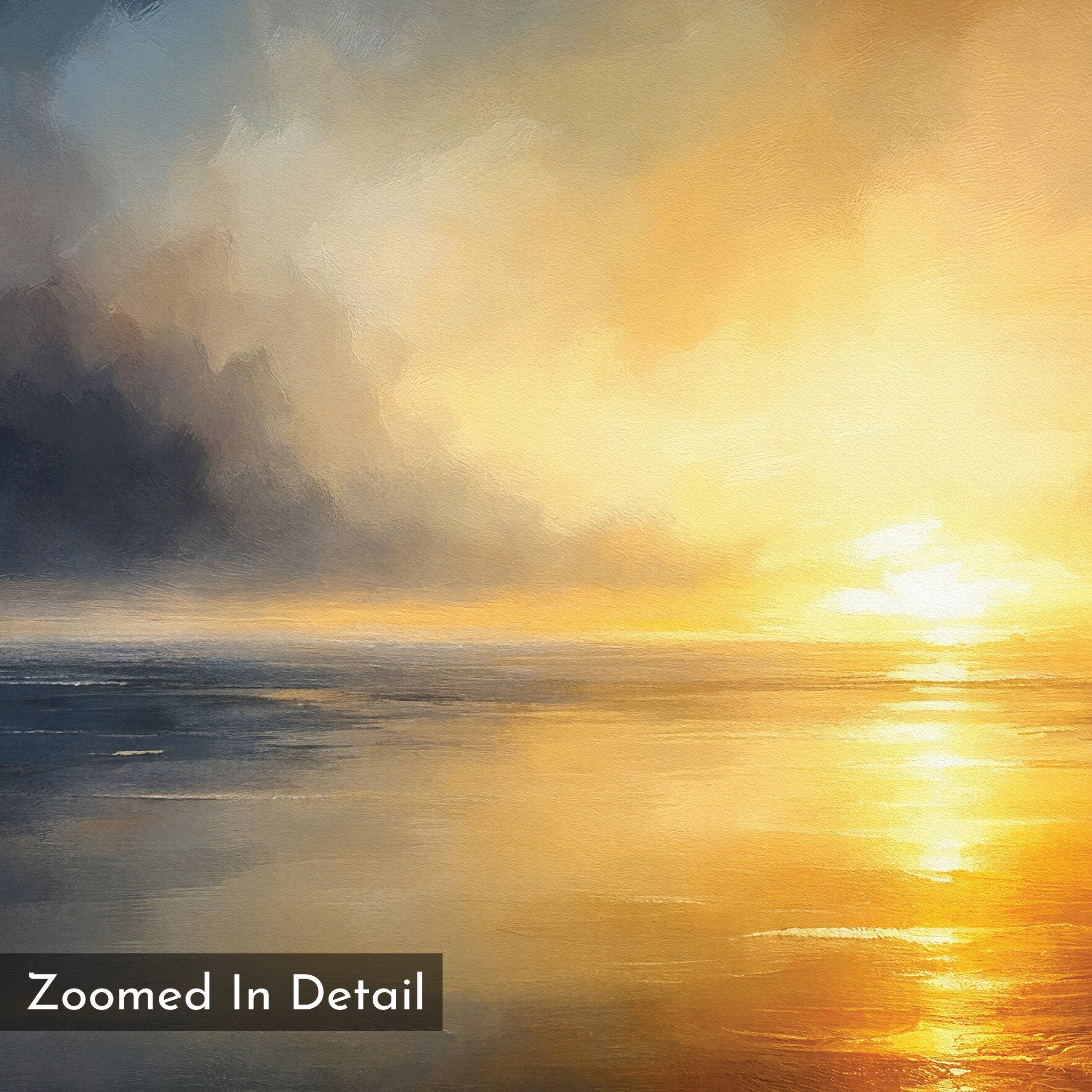 The "Storm's Edge Canvas Art - Square" features a digital sunrise over calm water with soft clouds. A glowing path reflects on the water, creating atmospheric wall art. “Zoomed In Detail” text appears in the corner.