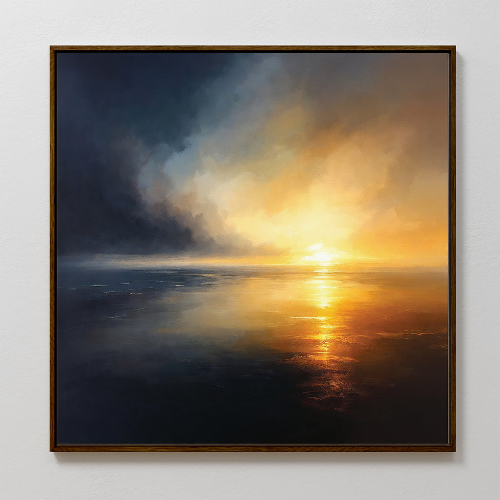 The Storm's Edge Canvas Art - Square features a dramatic seascape at sunset, with glowing sun, dark clouds, and golden reflections—an atmospheric framed print perfect as wall art for any space.