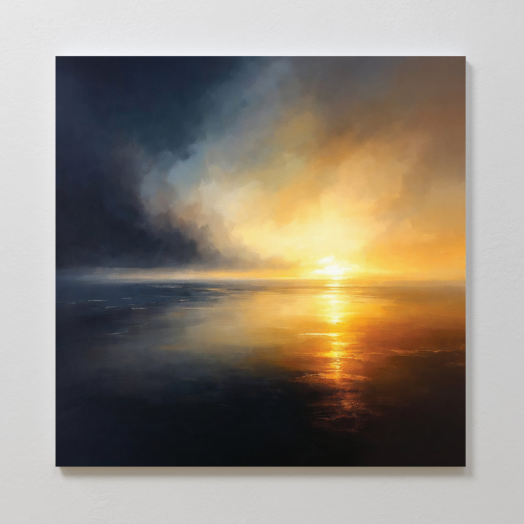 Bring Nordic Park serenity and dramatic skies into your space with the Storm's Edge Canvas Art - Square, featuring a stunning sunset over calm water with warm orange and yellow reflections.