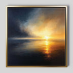 The Storm's Edge Canvas Art - Square features a serene sunset over calm water, with golden sunlight and deep blue-orange hues, creating atmospheric wall art perfect for a Nordic Park-inspired space.