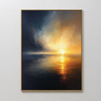 Storm's Edge Canvas Art - Vertical features a dramatic seascape sunset with dark clouds and warm golden light on calm water, creating striking wall art that hangs elegantly on a white wall.