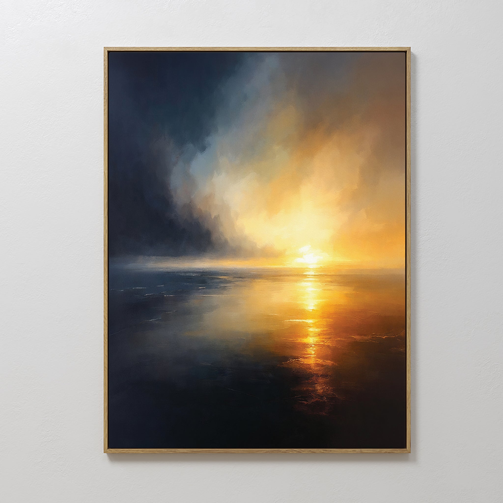 Storm's Edge Canvas Art - Vertical features a dramatic seascape sunset with dark clouds and warm golden light on calm water, creating striking wall art that hangs elegantly on a white wall.