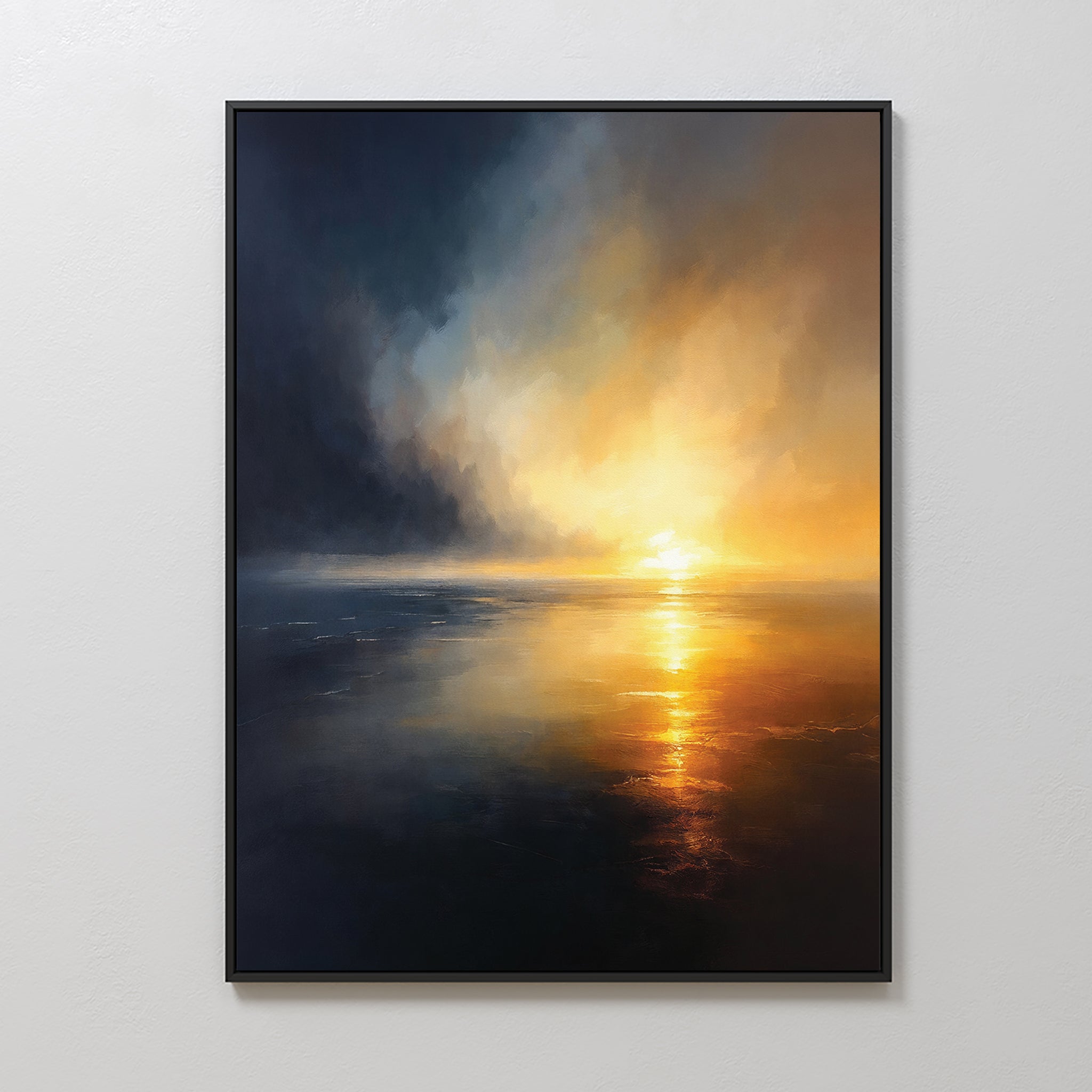 The Storm's Edge Canvas Art - Vertical features a dramatic sunset or sunrise over calm water, with dark clouds contrasting warm golden light—an atmospheric wall art piece inspired by Nordic Park serenity.