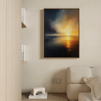 The Storm's Edge Canvas Art - Vertical, featuring a dramatic sunset over water, hangs on a beige wall above a light-colored sofa with built-in shelves and decor nearby, creating striking atmospheric wall art in the space.