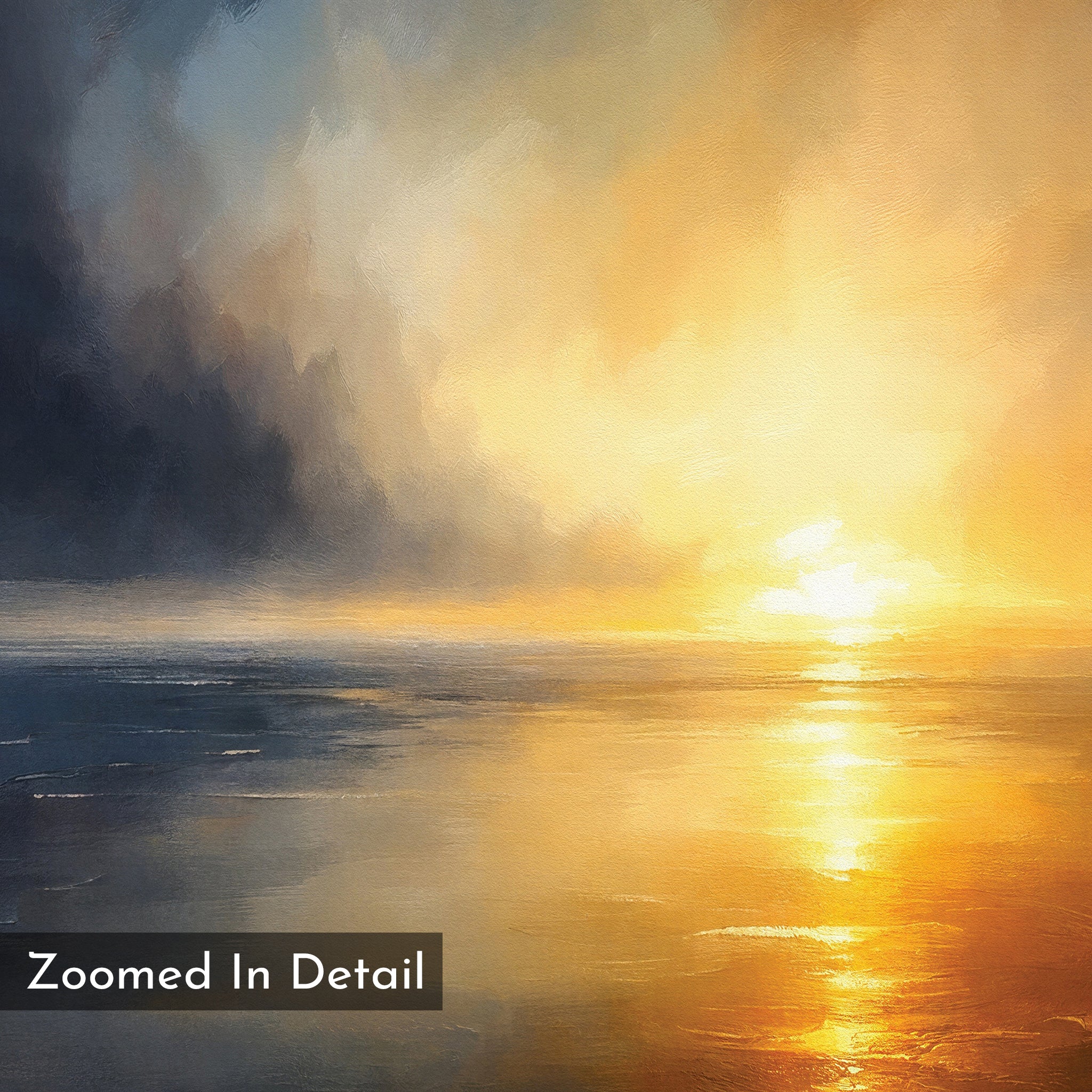 Storm's Edge Canvas Art - Vertical: An impressionistic canvas print of a sunrise or sunset over calm water, with warm golden light and dark clouds on the left. "Zoomed In Detail" appears in the bottom left corner.