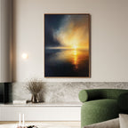 A modern living room with a green curved sofa, marble-topped bench, and atmospheric Storm's Edge Canvas Art - Vertical depicting a dramatic sunset over water. A vase with dried branches and two white candles sit on the bench.