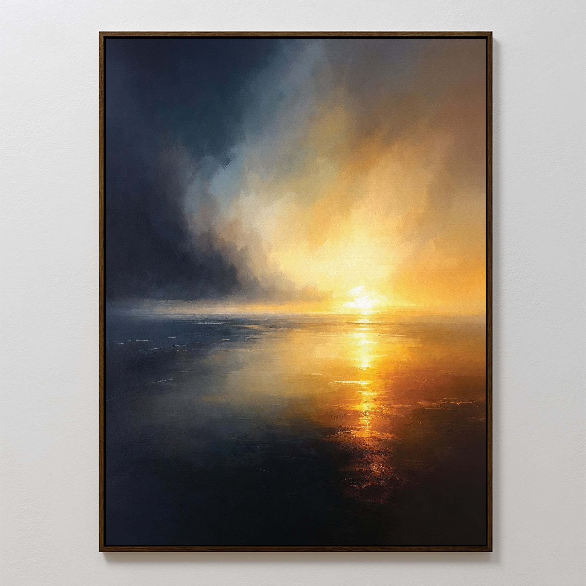 Storm's Edge Canvas Art - Vertical: A framed canvas print featuring a dramatic sunset over tranquil water, with dark clouds merging into golden light and the sun’s reflection—a striking piece of atmospheric wall art for any space.