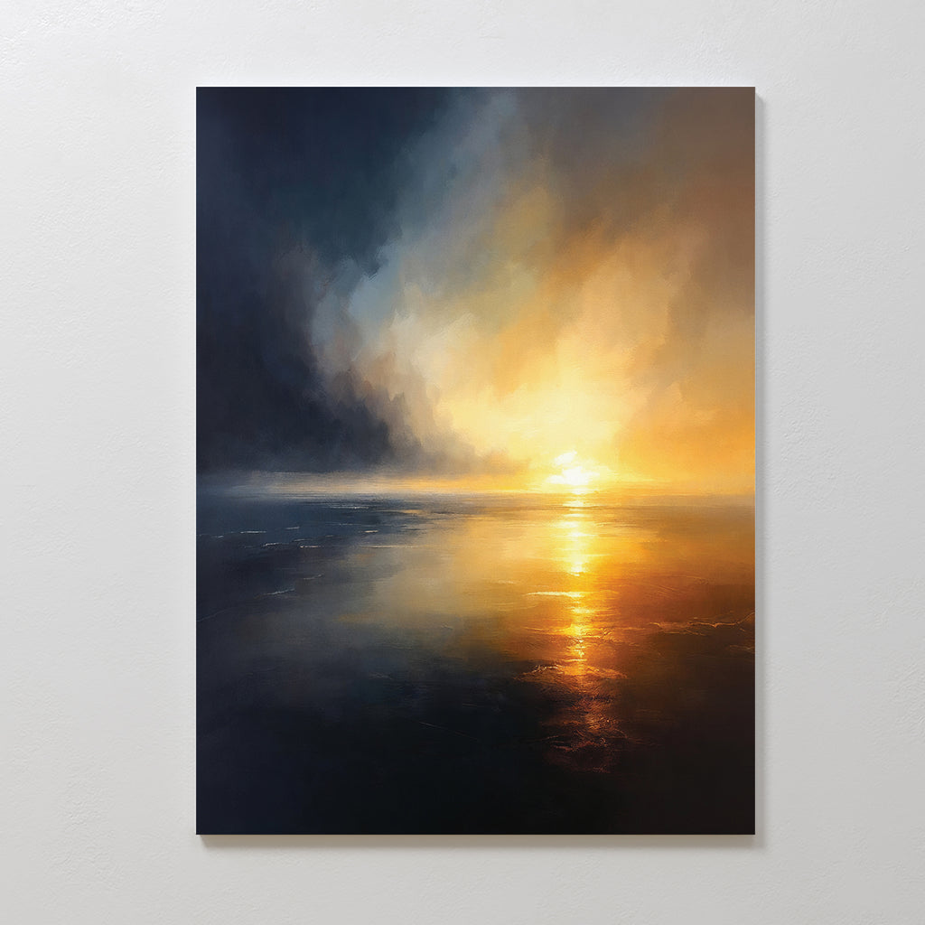 Storm's Edge Canvas Art - Vertical captures a dramatic sunset over calm water, with vivid orange and yellow reflections and moody clouds—an atmospheric wall art print that brings serene beauty to your space.