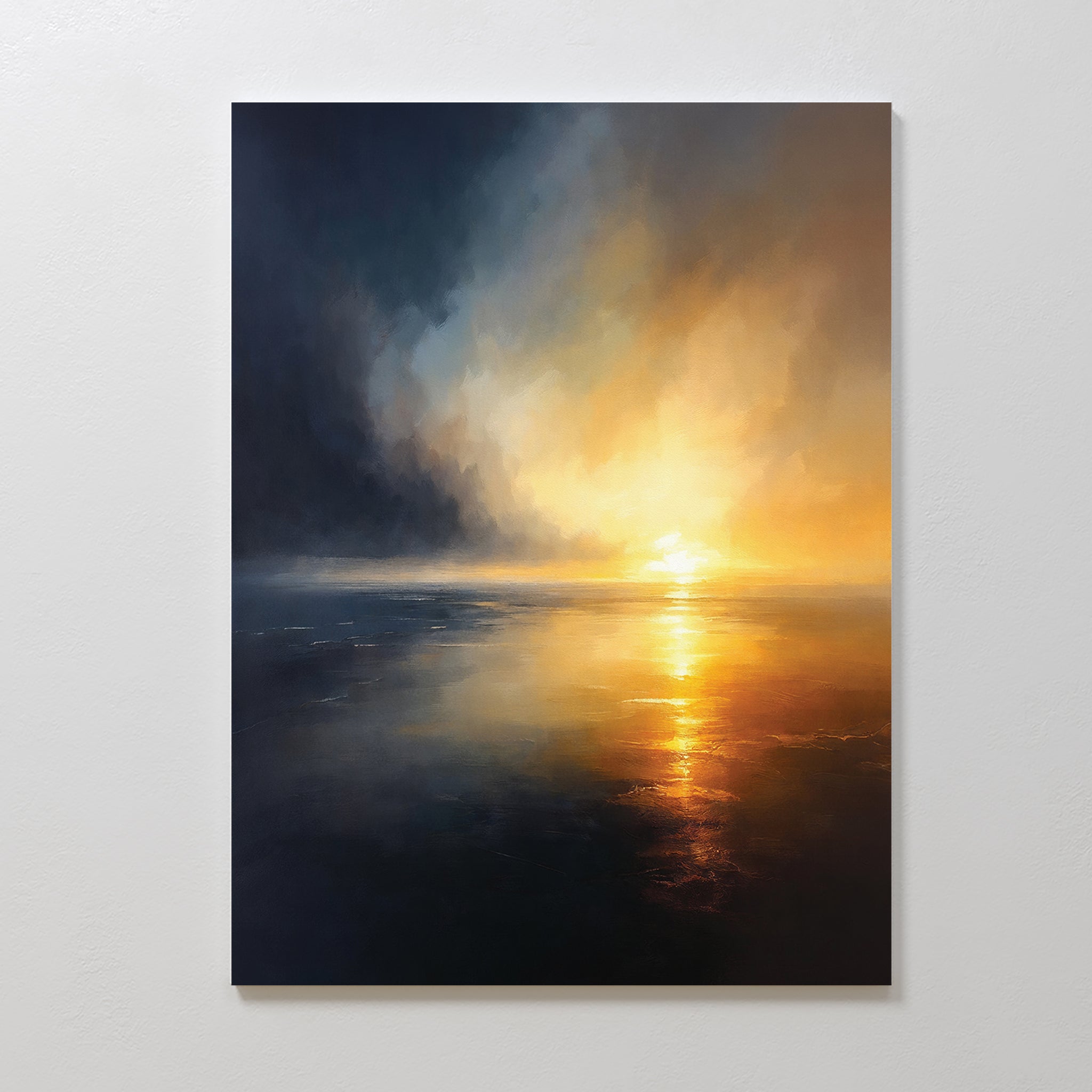 Storm's Edge Canvas Art - Vertical captures a dramatic sunset over calm water, with vivid orange and yellow reflections and moody clouds—an atmospheric wall art print that brings serene beauty to your space.