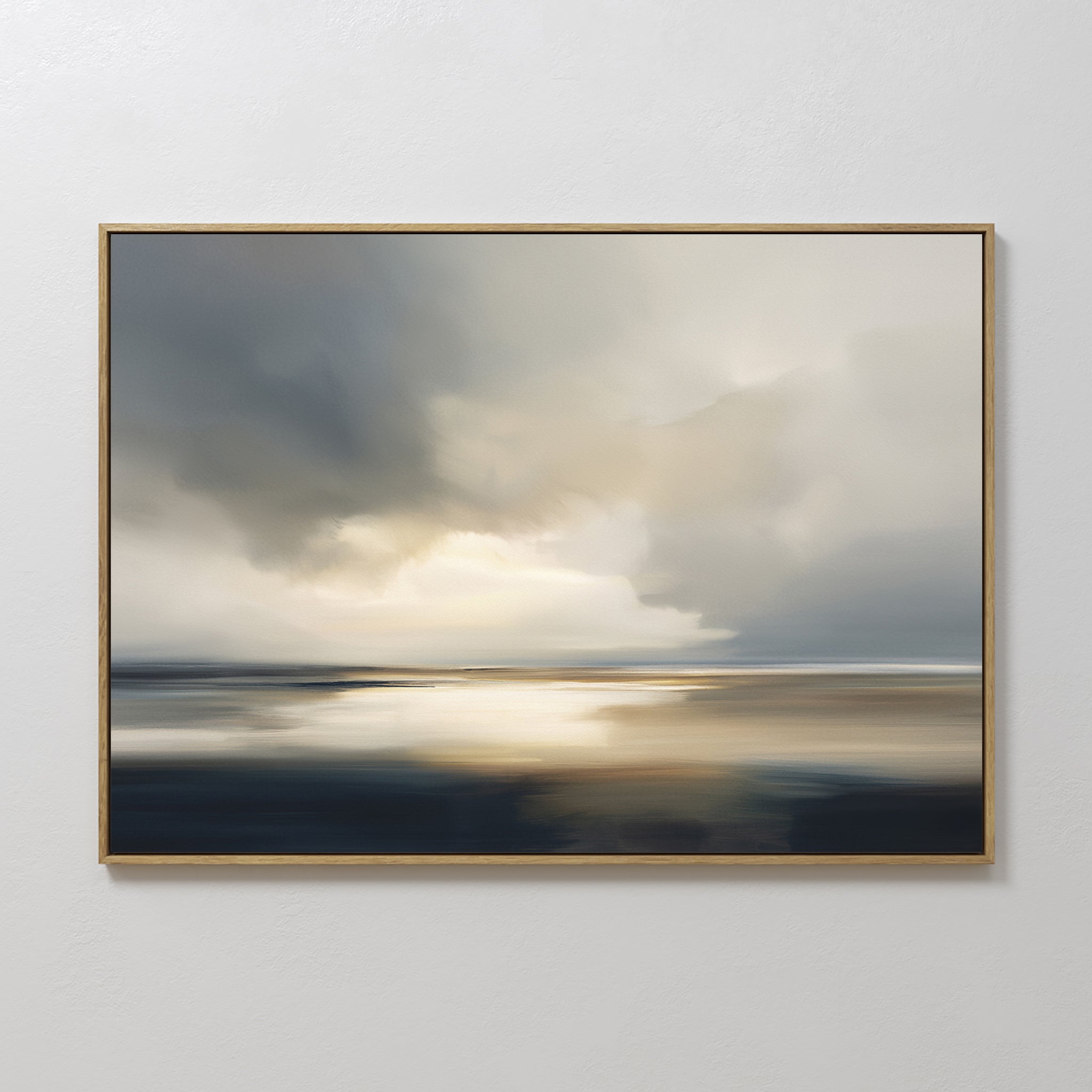 Stormy Tides Canvas Art - Horizontal features a serene seascape with soft clouds, a glowing horizon, and tranquil reflections in blue, gray, and beige tones, bringing coastal elegance to any plain white wall.