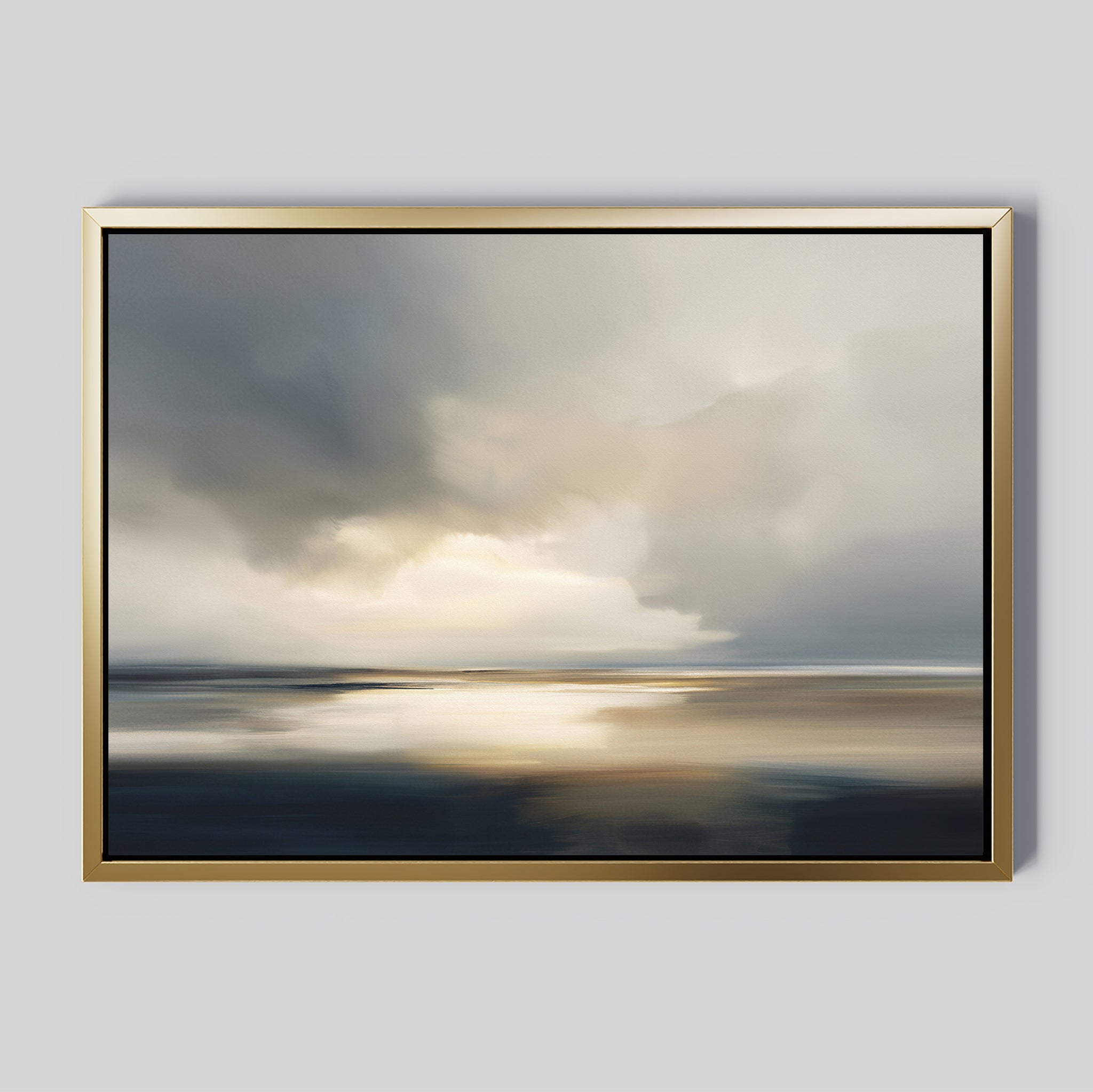 Stormy Tides Canvas Art - Horizontal features a framed abstract seascape in soft gray, blue, and gold tones with a cloudy sky and reflective water—perfect wall art to bring coastal elegance to any light gray wall.