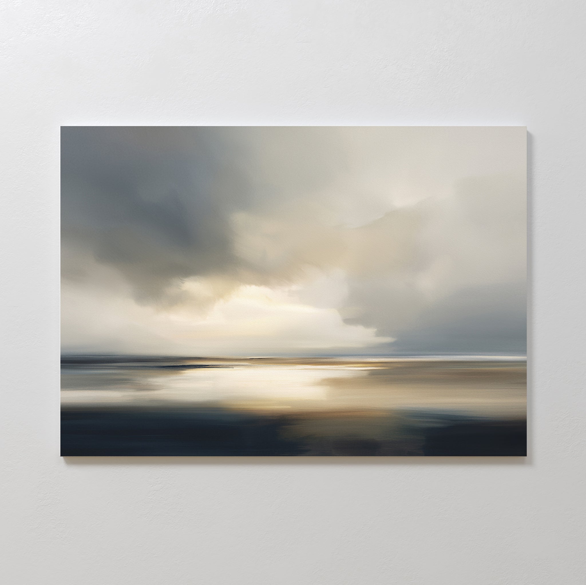 The Stormy Tides Canvas Art - Horizontal features a minimalist abstract seascape with dark clouds, soft light on calm waters, and muted grey, blue, and gold tones for a tranquil touch of coastal elegance.