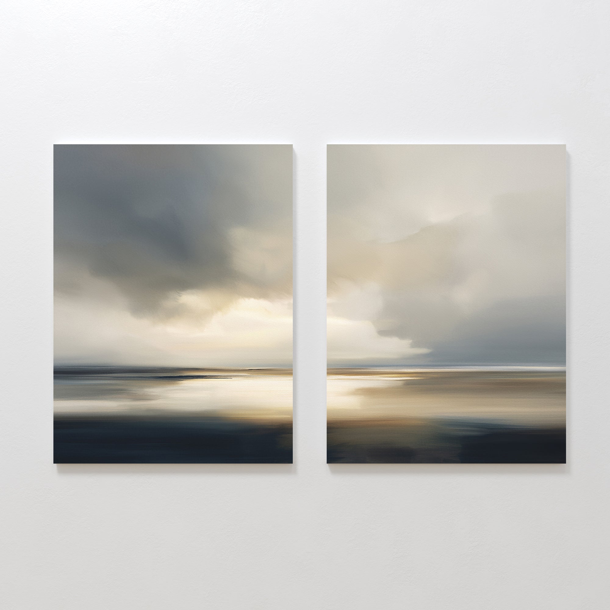 Stormy Tides - Set Of 2 features abstract wall art with moody, cloudy skies and water reflections in gray, blue, and gold tones, ideal for adding a sophisticated coastal vibe to any space.