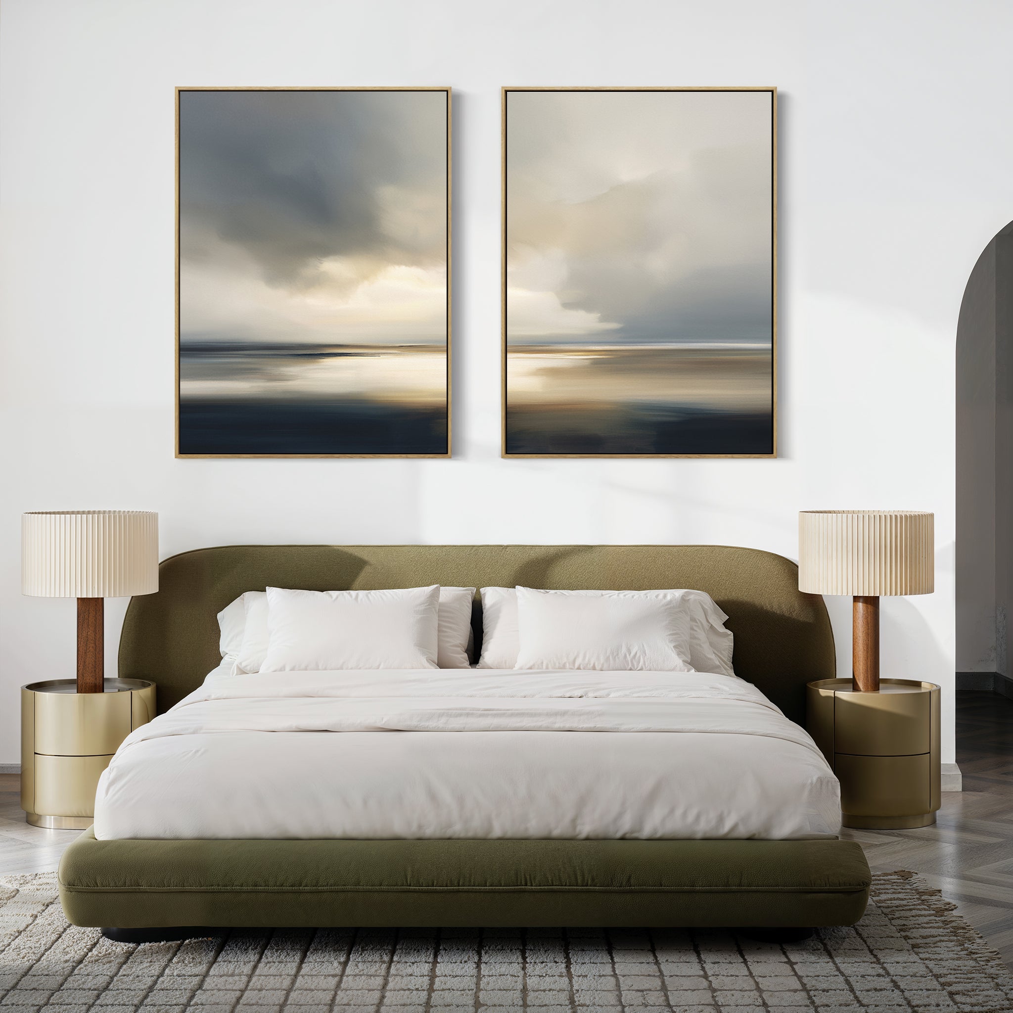 A modern bedroom featuring a green upholstered bed with white bedding, two gold nightstands with beige lamps, and the “Stormy Tides - Set Of 2” Nordic abstract wall art above the bed. The decor is minimalist and elegant.