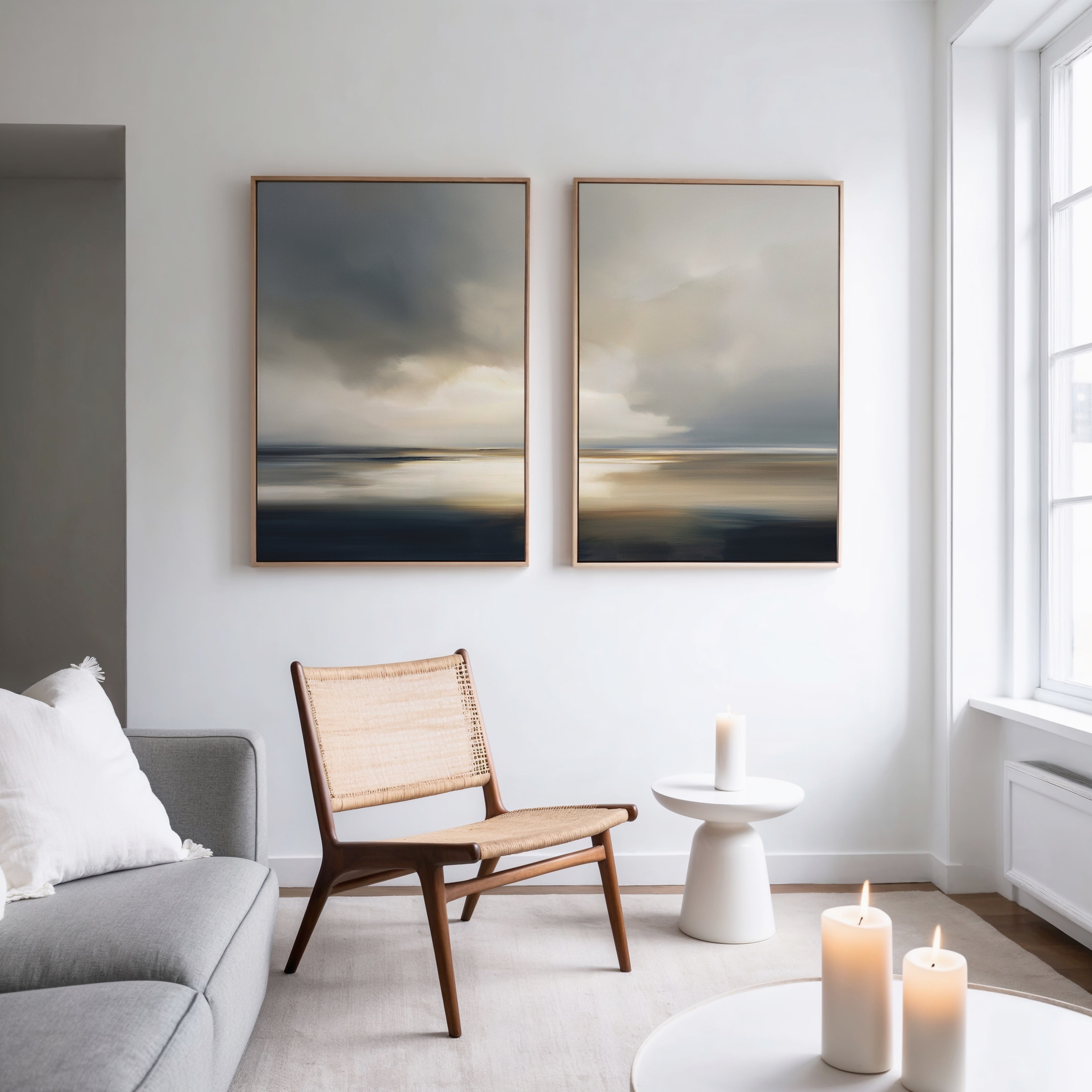 A modern living room features a light gray sofa, wooden chair with woven seat, small white side table, and three lit candles. On the white wall hangs Stormy Tides - Set Of 2 abstract art as natural light fills the space.