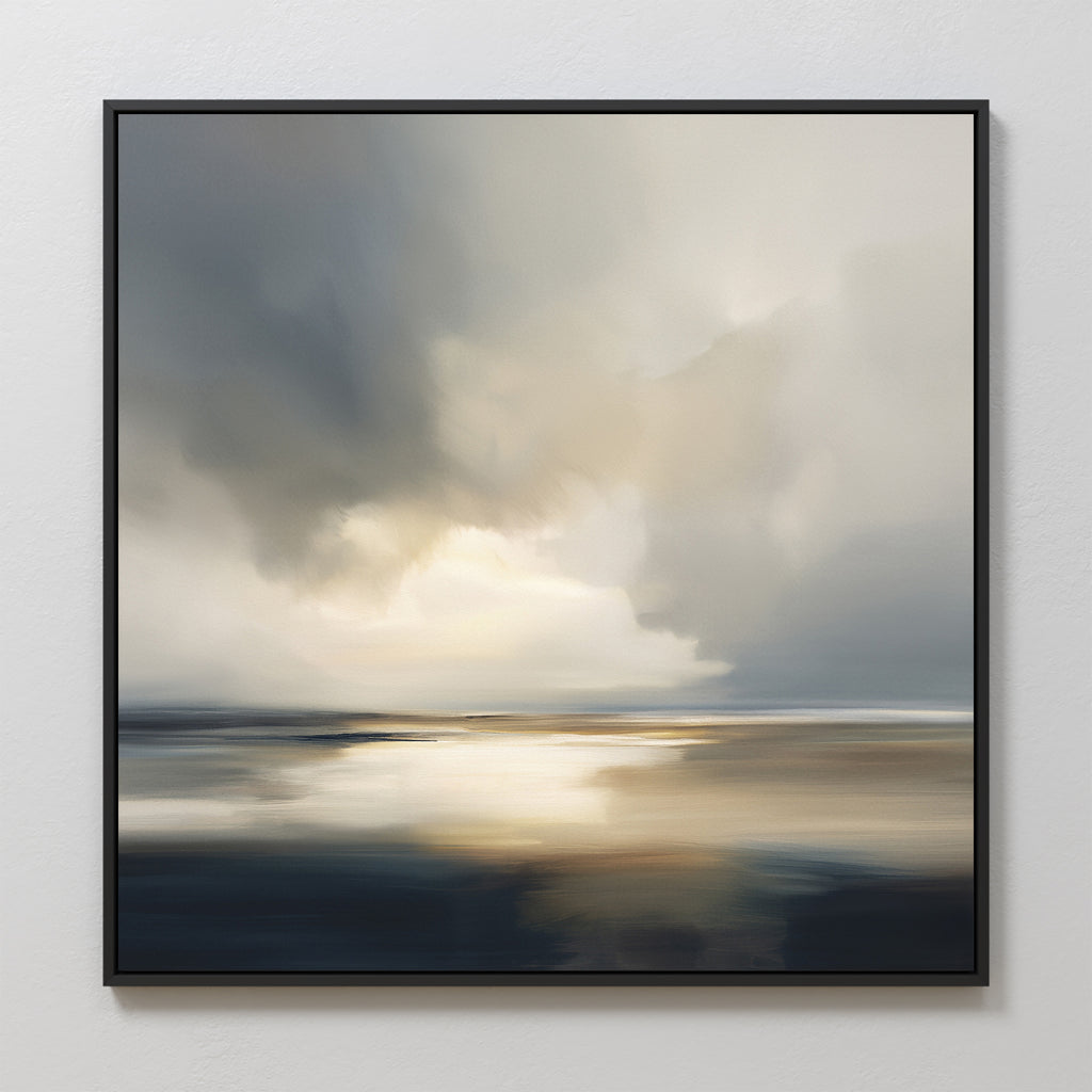 The Stormy Tides Canvas Art - Square features a serene seascape with soft tones of gray, blue, and gold. Calm waters reflect a cloudy sky, making it perfect coastal wall art for a tranquil atmosphere.