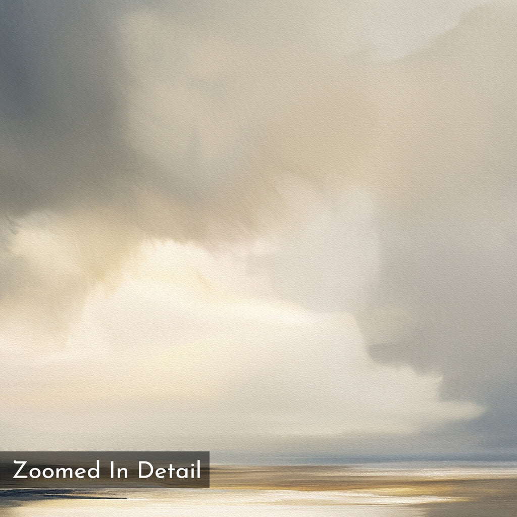 Stormy Tides Canvas Art - Square showcases soft, abstract beige and gray clouds over calm water with gentle sunlight. "Zoomed In Detail" appears in the bottom left—a stunning choice for lovers of abstract wall art.