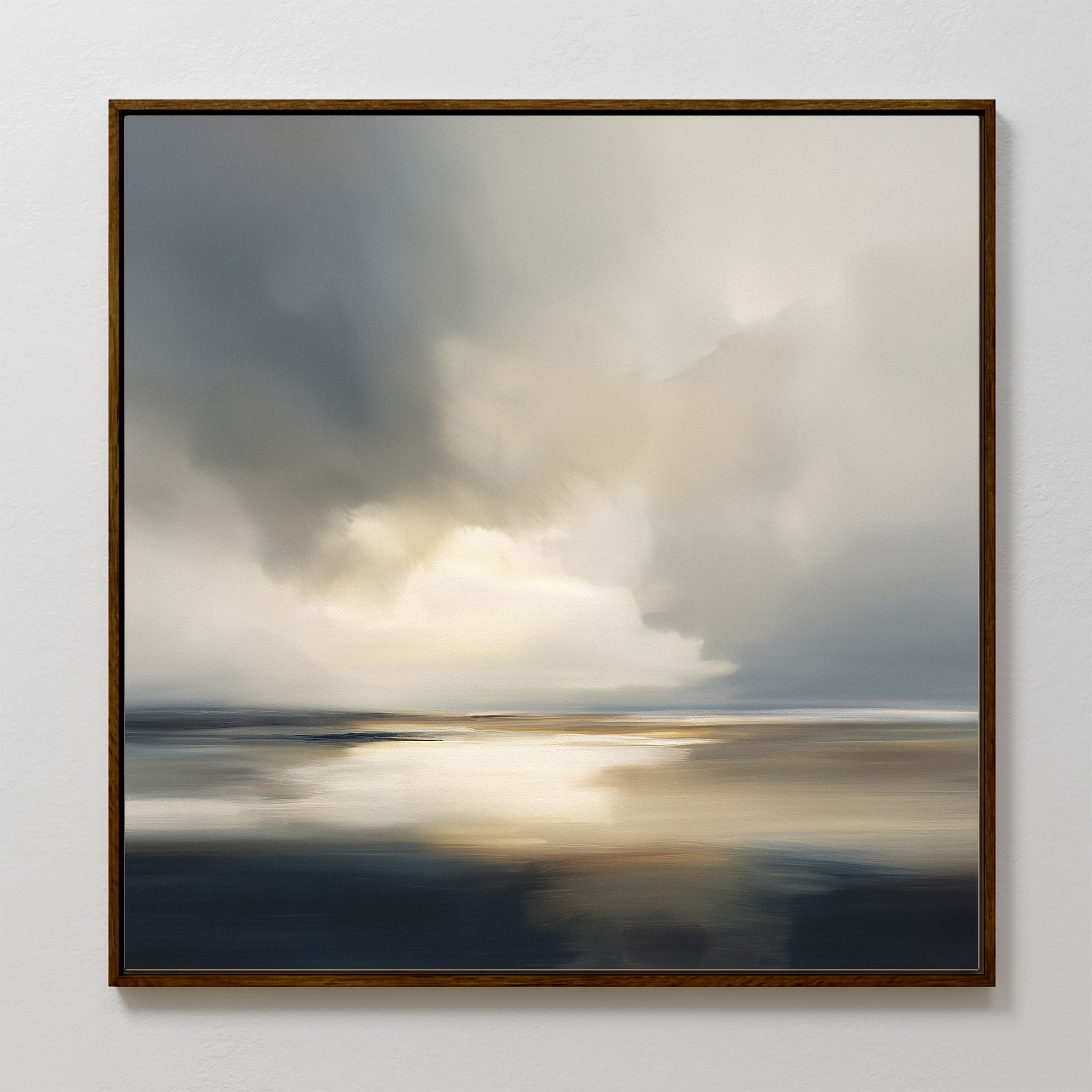 The Stormy Tides Canvas Art - Square features a serene seascape with soft blues, beige, and gray tones, evoking an overcast sky reflected on calm waters and creating a tranquil, atmospheric mood.