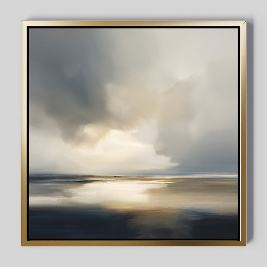 The Stormy Tides Canvas Art - Square features a modern, minimalist abstract seascape in soft gray, blue, and gold tones, evoking a cloudy sky over calm waters for serene coastal décor.