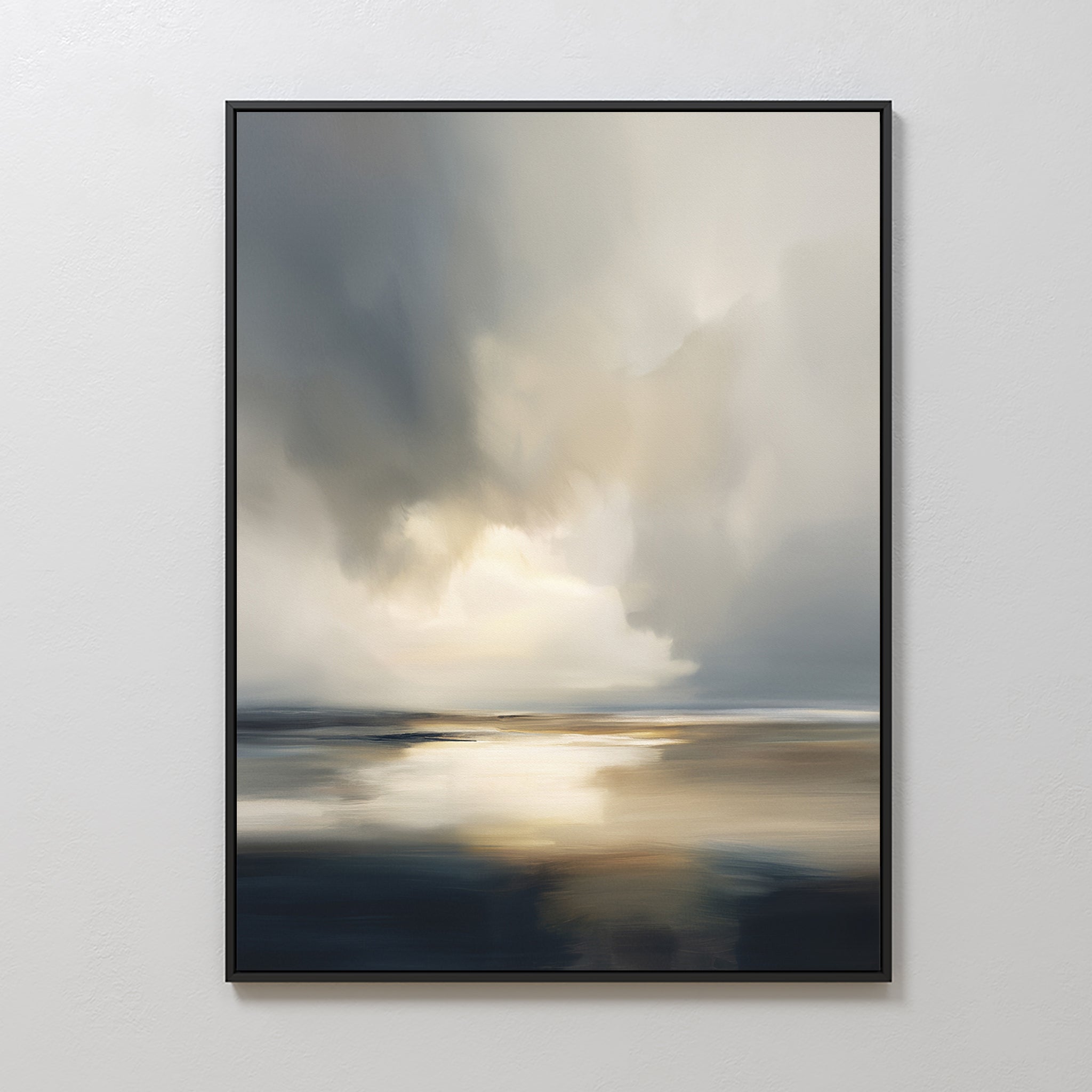 Stormy Tides Canvas Art - Vertical is a framed abstract wall art featuring a dreamy, impressionistic seascape with a cloudy sky reflected over calm water in soft gray, blue, and gold tones.