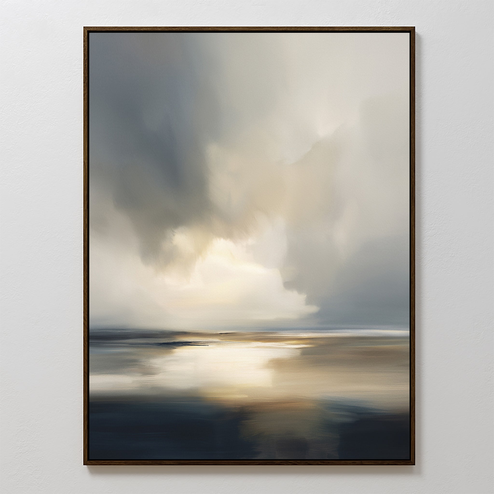 The Stormy Tides Canvas Art - Vertical is a framed abstract seascape in soft gray, blue, and white tones, capturing light on calm water beneath a cloudy sky for striking coastal wall décor.