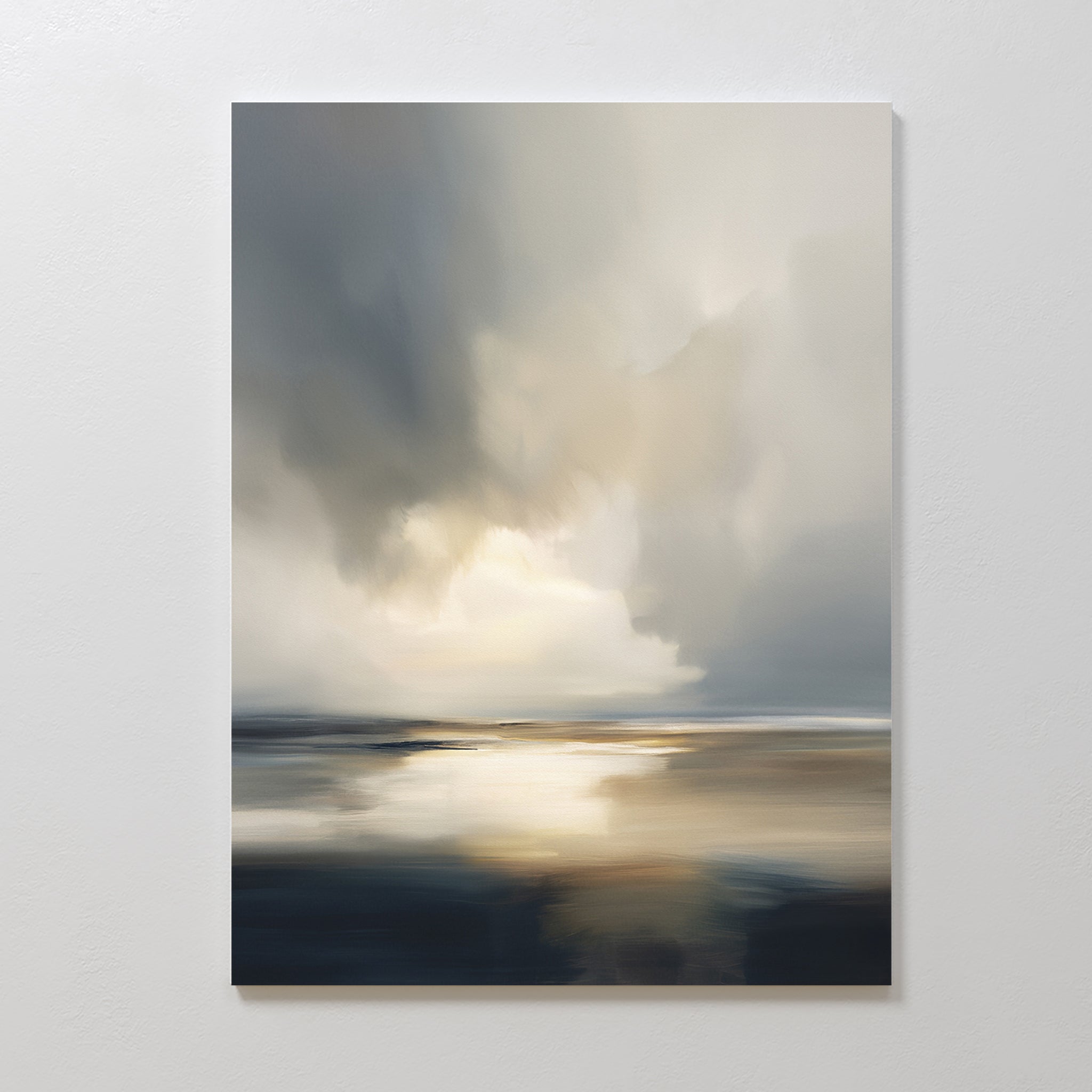 The Stormy Tides Canvas Art - Vertical is a minimalist seascape with soft, blurred brushstrokes in blue, gray, and beige tones. Abstract wall art shows light reflecting on water beneath a cloudy sky for a tranquil look.