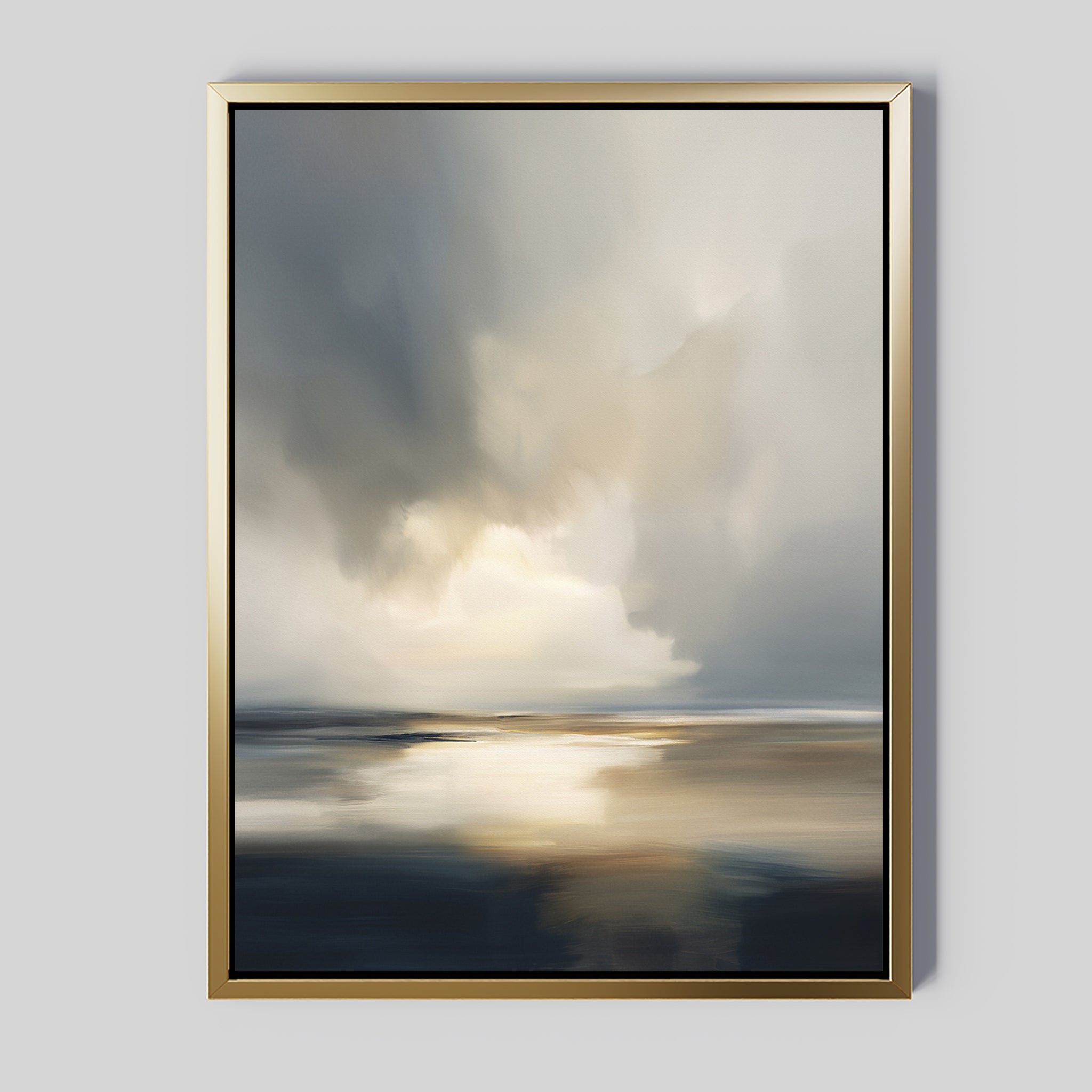 Stormy Tides Canvas Art - Vertical: This framed abstract wall art features a gold border and a tranquil seascape in soft gray, blue, and beige tones with shimmering water beneath a cloudy sky—ideal coastal décor for any space.