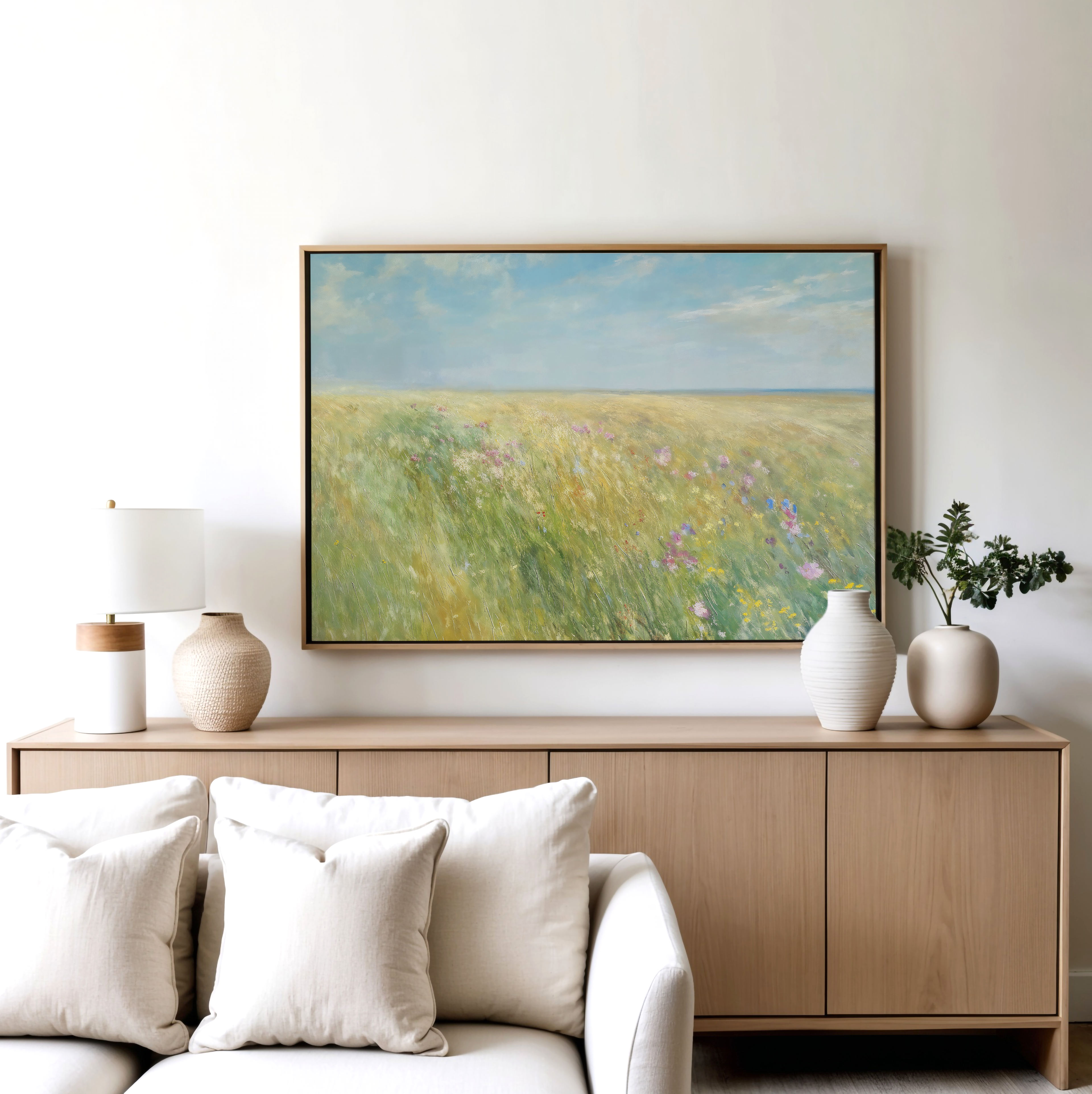 A light wood sideboard with white vases and a lamp sits against the wall. Above, the vintage decor is highlighted by the Summers Embrace Canvas Art, featuring a grassy field under a blue sky. A beige sofa with white cushions is in front.