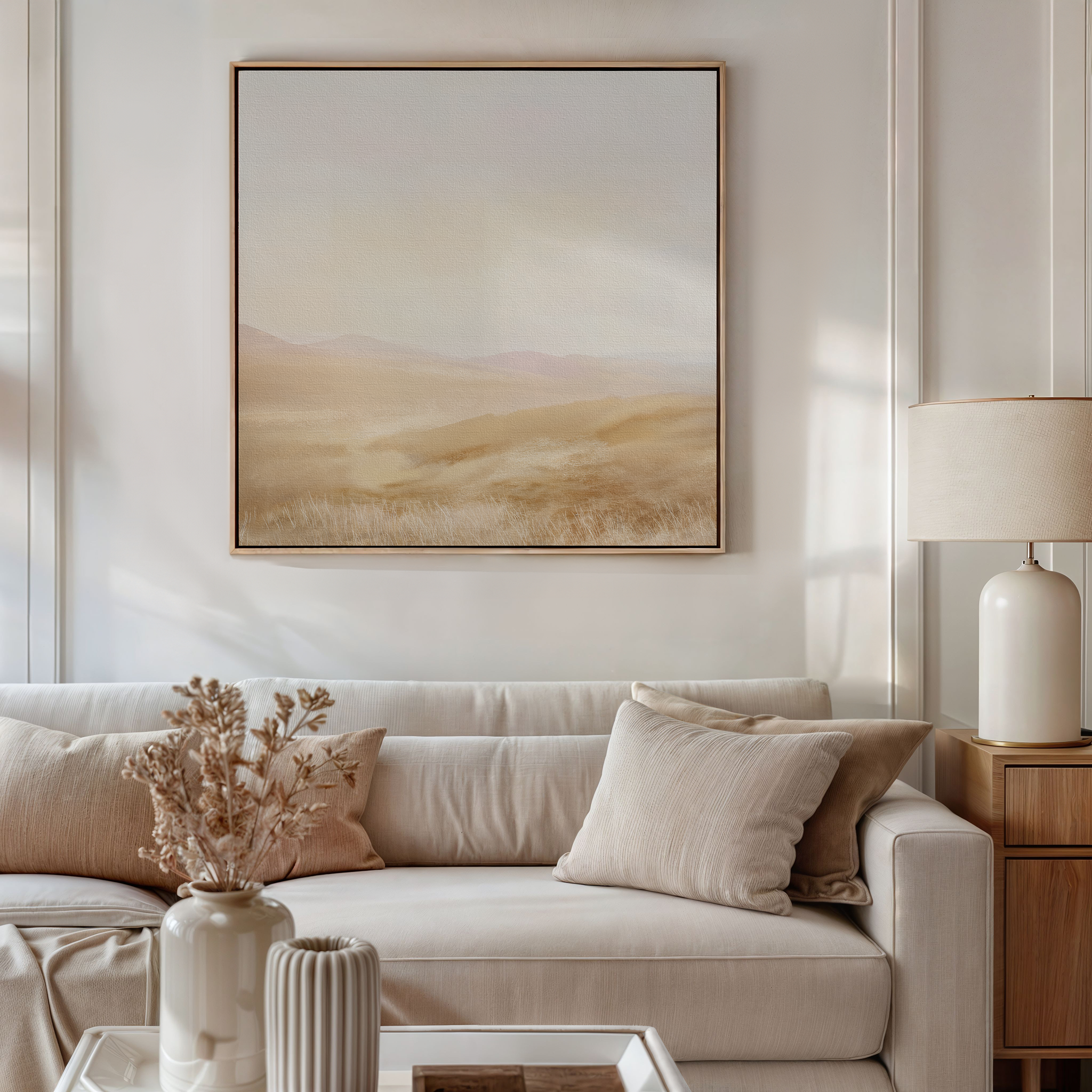 A cozy living room features a beige sofa, neutral pillows, a side table with a white lamp, dried flowers in vases, and the Sunlit Meadows Abstract Canvas Art—perfect for creating an inviting atmosphere.