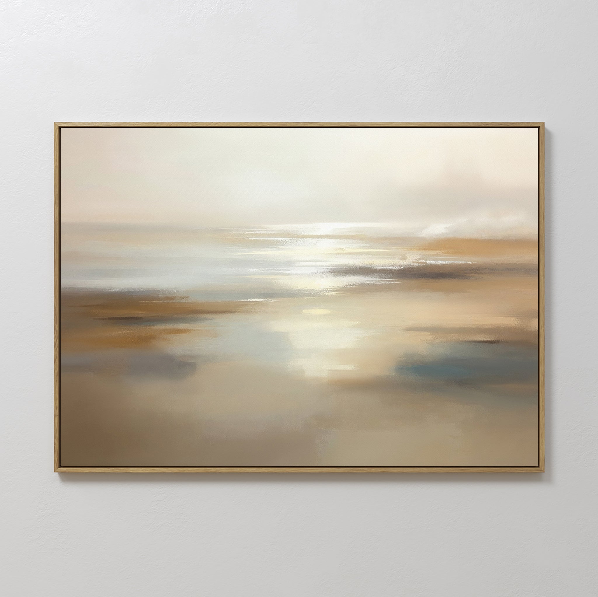 The Sunlit Waters Canvas Art - Horizontal is a serene abstract seascape in soft beige, brown, white, and blue tones—ideal for tranquil wall decor with gentle reflections evoking water and sunlight.