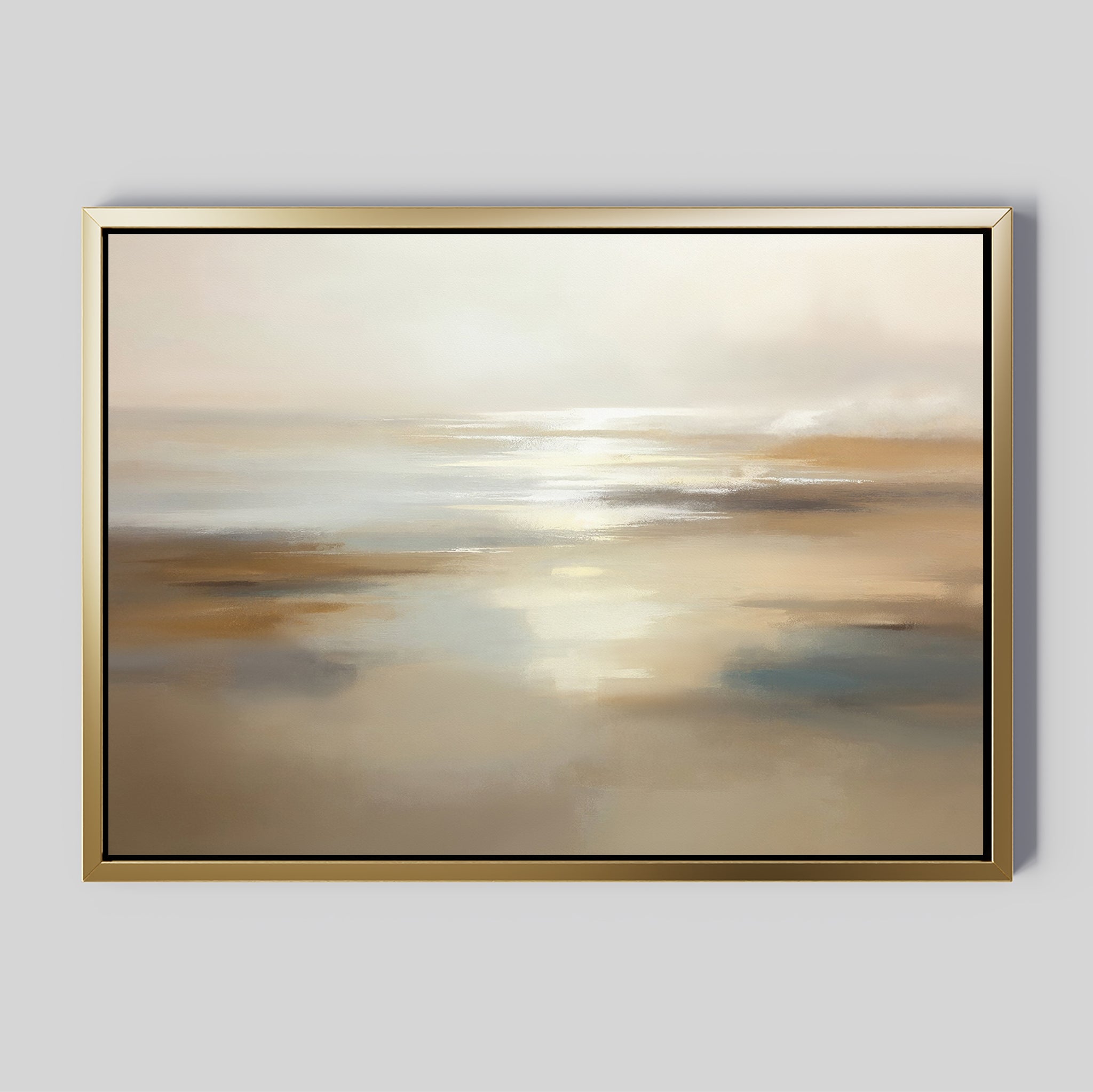 The Sunlit Waters Canvas Art - Horizontal features soft beige, brown, and white tones that evoke serene Nordic landscapes. This tranquil wall art creates a calm, reflective atmosphere, reminiscent of misty scenes under gentle sunlight.