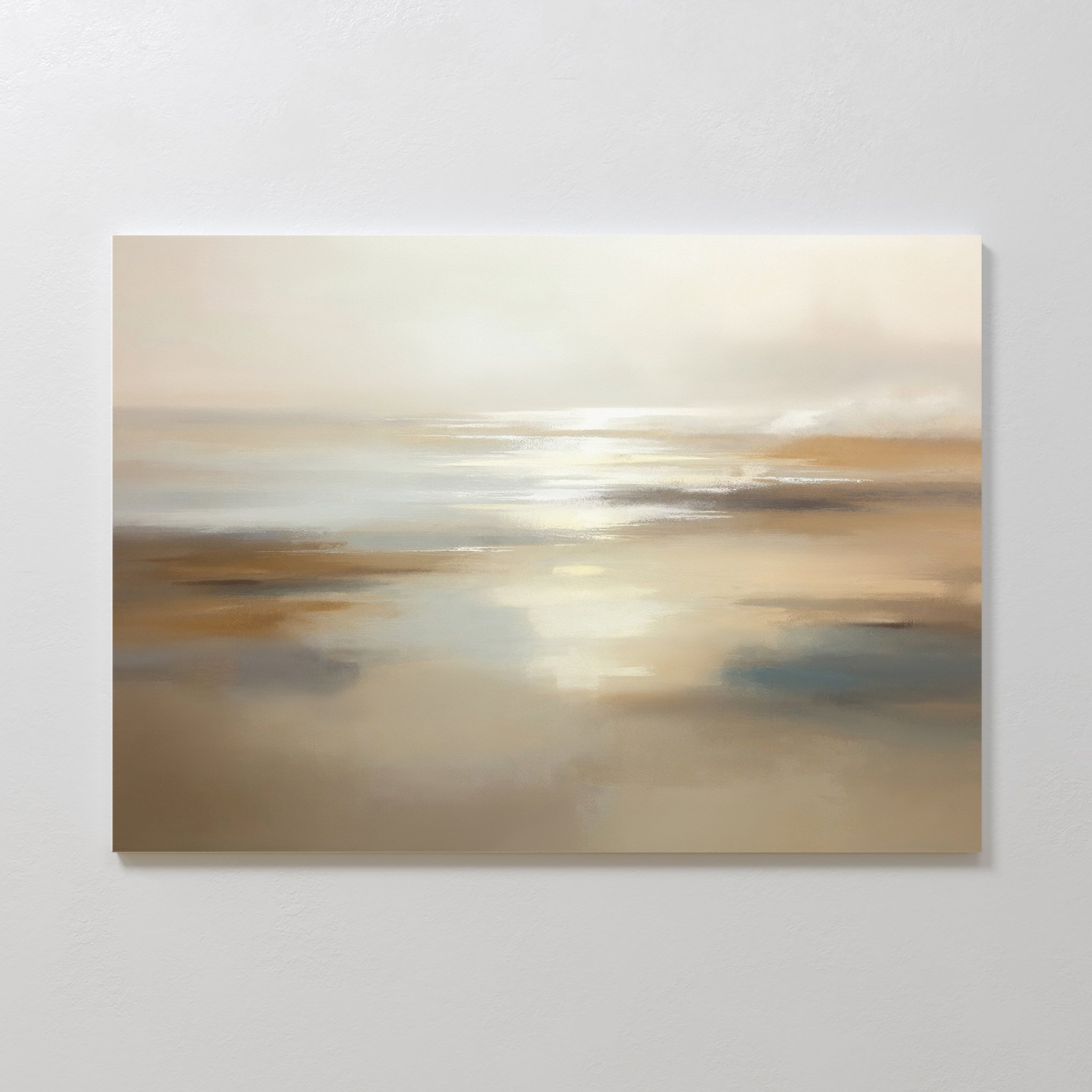 Sunlit Waters Canvas Art - Horizontal features soft, muted tones depicting a serene beach with gentle waves and glowing light on the horizon—perfect tranquil wall art inspired by sunlit shores.