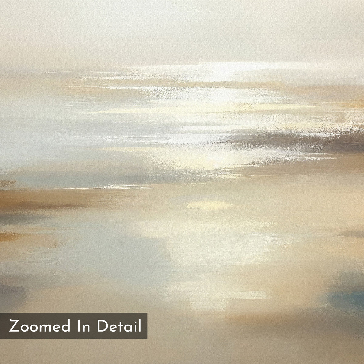 The Sunlit Waters Canvas Art - Horizontal features soft beige, white, blue, and brown tones that evoke a calm Nordic park scene; "Zoomed In Detail" appears in the bottom left corner.