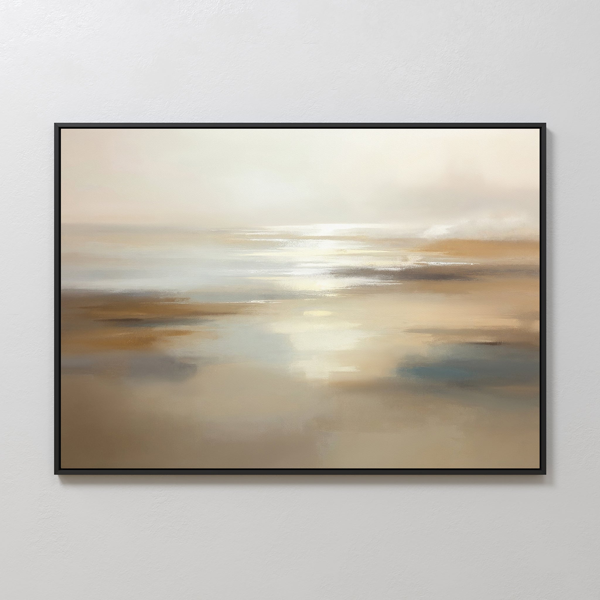 The Sunlit Waters Canvas Art - Horizontal features a serene, misty seascape in soft beige, blue, and white tones—ideal wall décor to evoke sunrise or sunset over calm water and bring tranquility to any space.