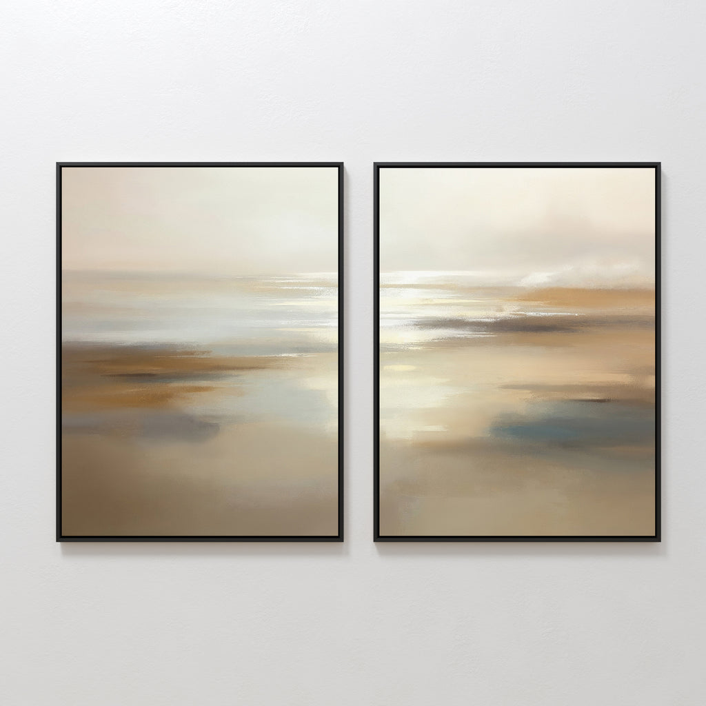 Sunlit Waters - Set of 2 features abstract paintings with soft blends of beige, brown, white, and blue, hanging side by side to evoke tranquil landscapes or sunlit waters on your wall.
