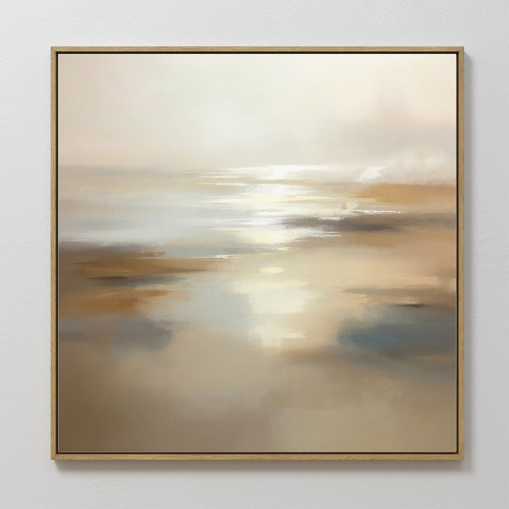 The Sunlit Waters Canvas Art - Square features soft, blurred beige, brown, and blue tones, evoking a tranquil beach with sunlit reflections—perfect as Nordic Park-inspired wall décor in beige and cream.