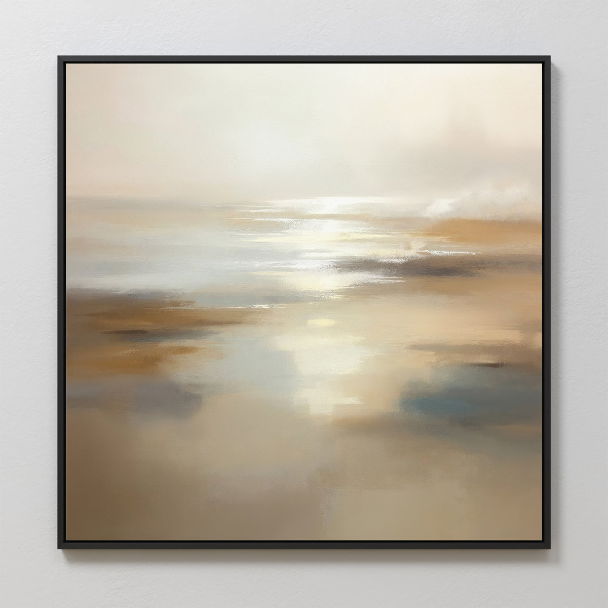 Sunlit Waters Canvas Art - Square is a captivating framed abstract seascape, showcasing soft beige, brown, and blue tones with blurred reflections and gentle light for a peaceful coastal vibe.