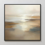 Sunlit Waters Canvas Art - Square is a captivating framed abstract seascape, showcasing soft beige, brown, and blue tones with blurred reflections and gentle light for a peaceful coastal vibe.