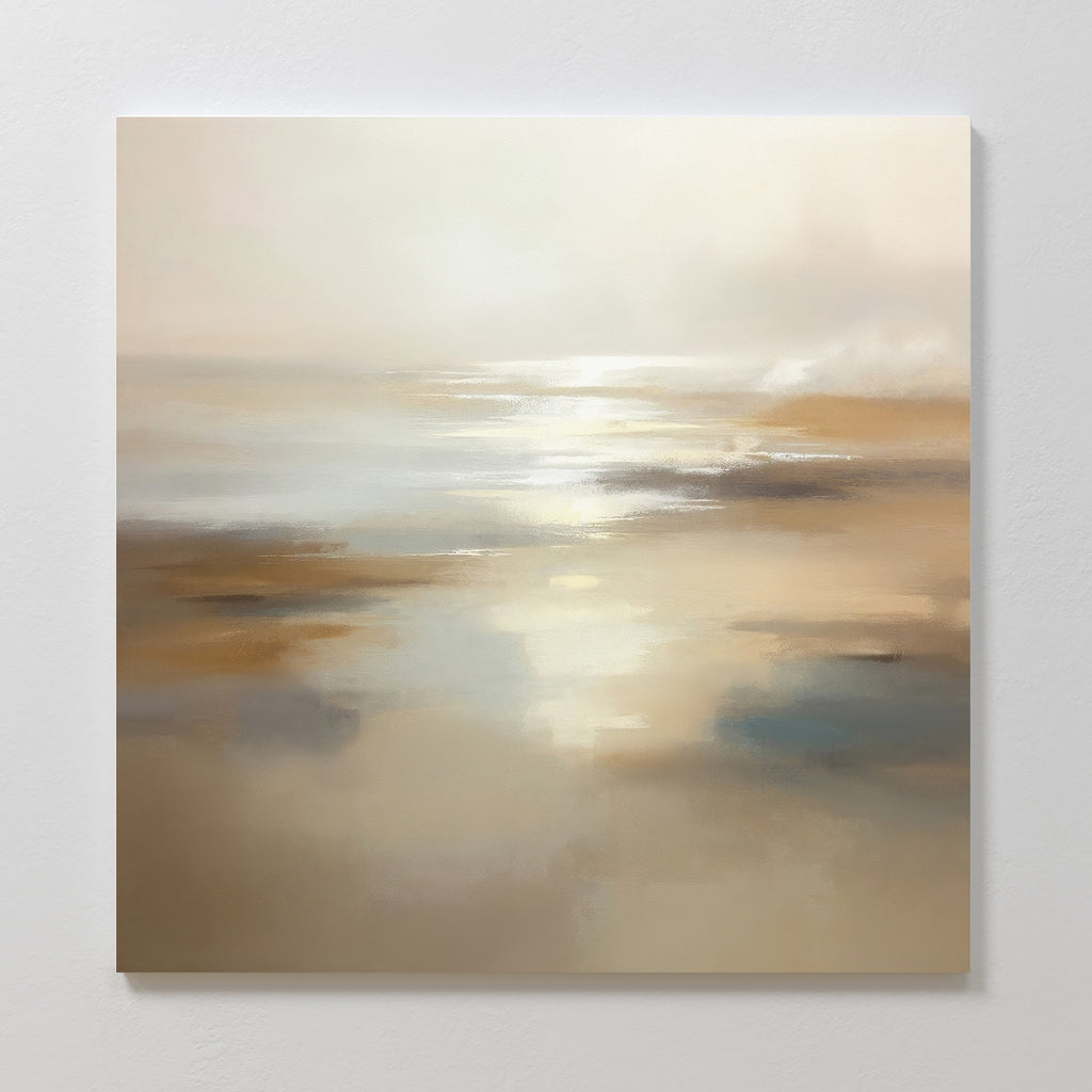 Experience tranquility with the Sunlit Waters Canvas Art - Square, a soft abstract beach scene in muted beige and cream tones reflecting sunlight on water—perfect for evoking serene Nordic park walks in your space.