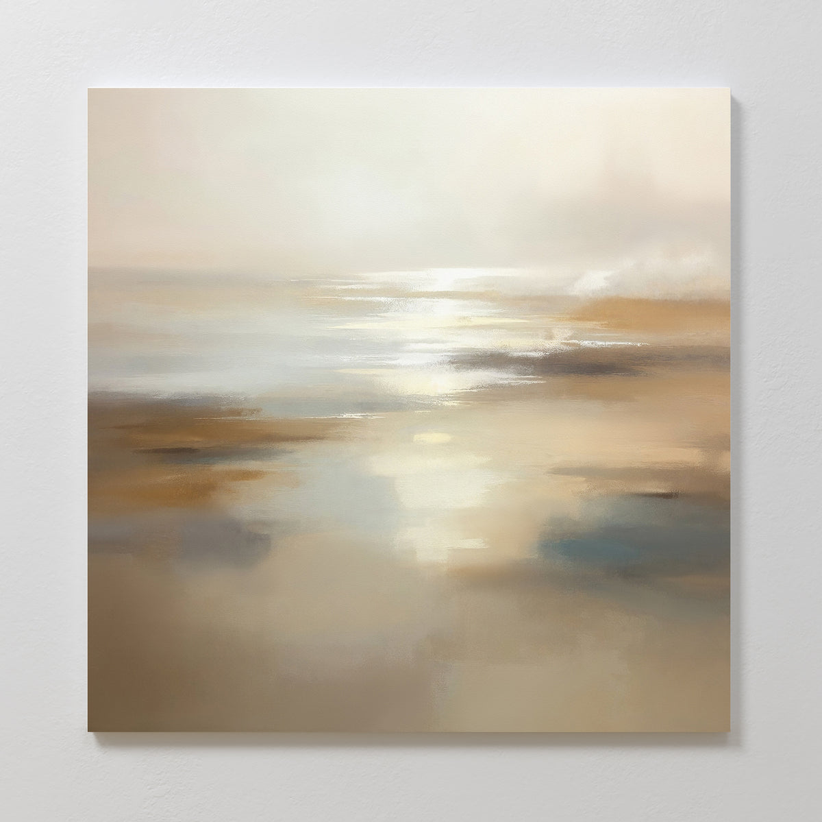 Experience tranquility with the Sunlit Waters Canvas Art - Square, a soft abstract beach scene in muted beige and cream tones reflecting sunlight on water—perfect for evoking serene Nordic park walks in your space.